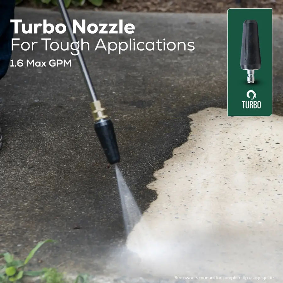 Turbo Nozzle For Tough Applications 1.6 Max GPM TURBO See owners manual for complete tip usage guide.