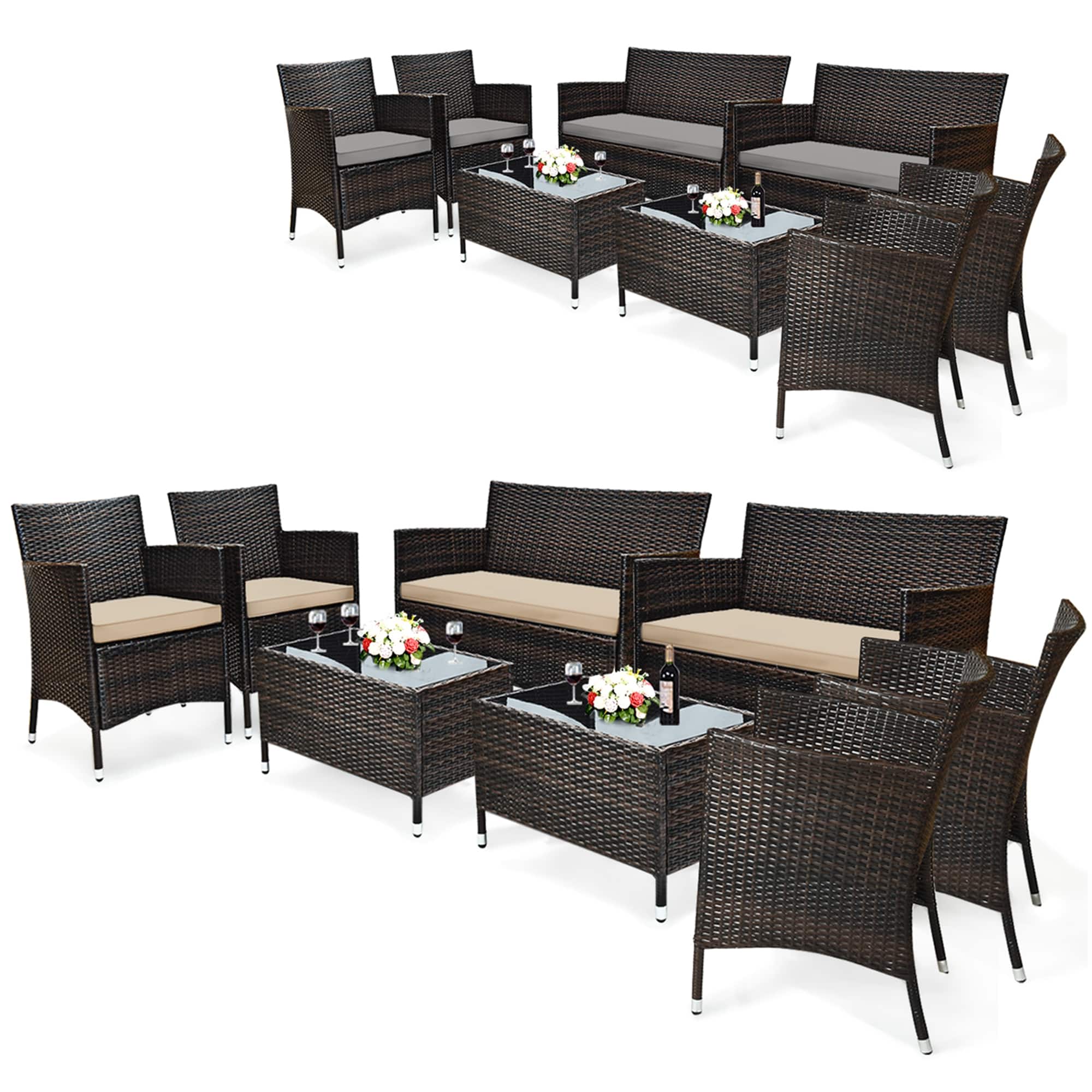 Costway - 8PCS Patio Wicker Furniture Set Sofa Chair with Brown & Grey Cushion Covers Garden - Brown,Grey