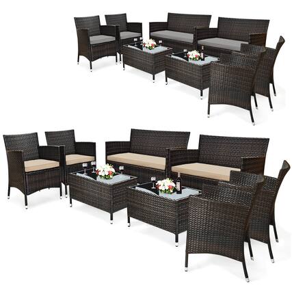 Front. Costway - Costway 8PCS Patio Wicker Furniture Set Sofa Chair with Brown & Grey Cushion Covers Garden - Brown,Grey.