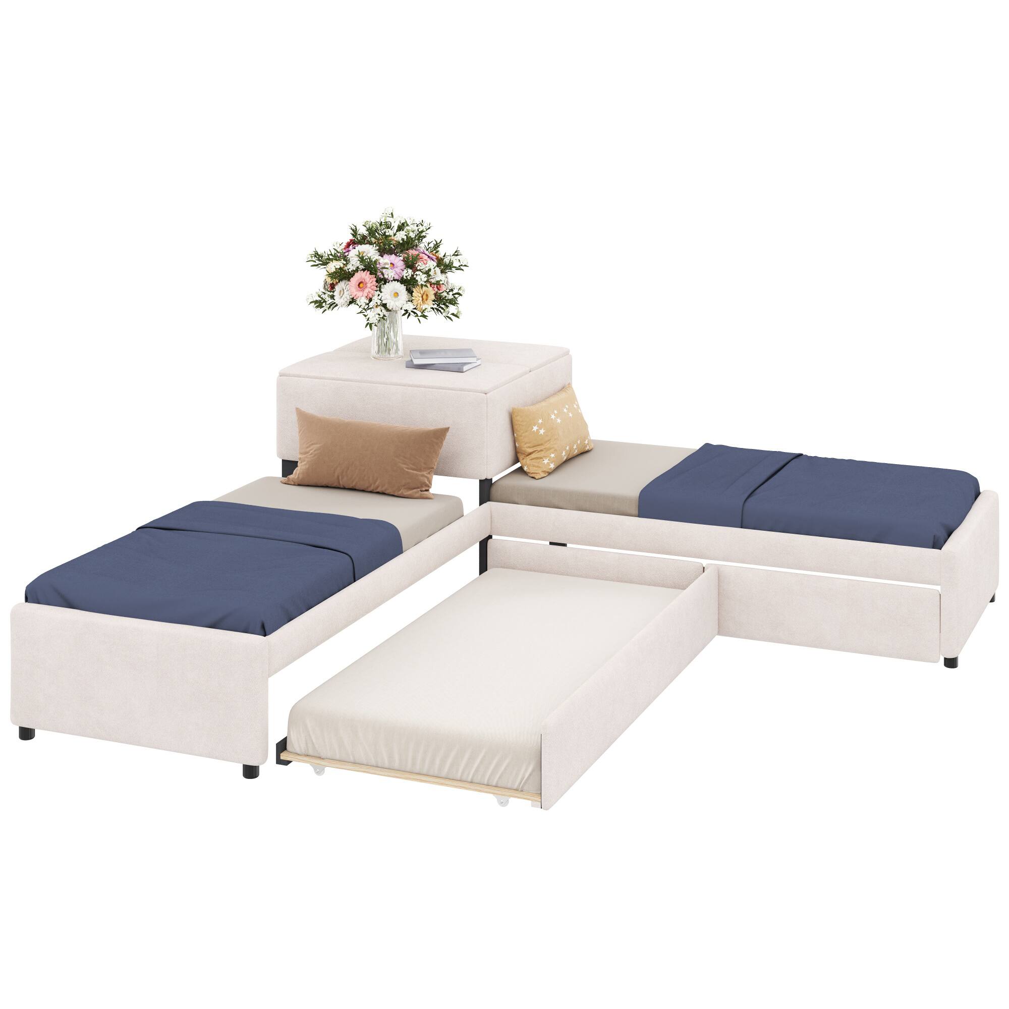Back. Whisen - Twin Size 3-Bed L-Shaped Platform Bed with Trundle, Storage Drawers, Built-in Desk, Linen Upholstery - Beige.