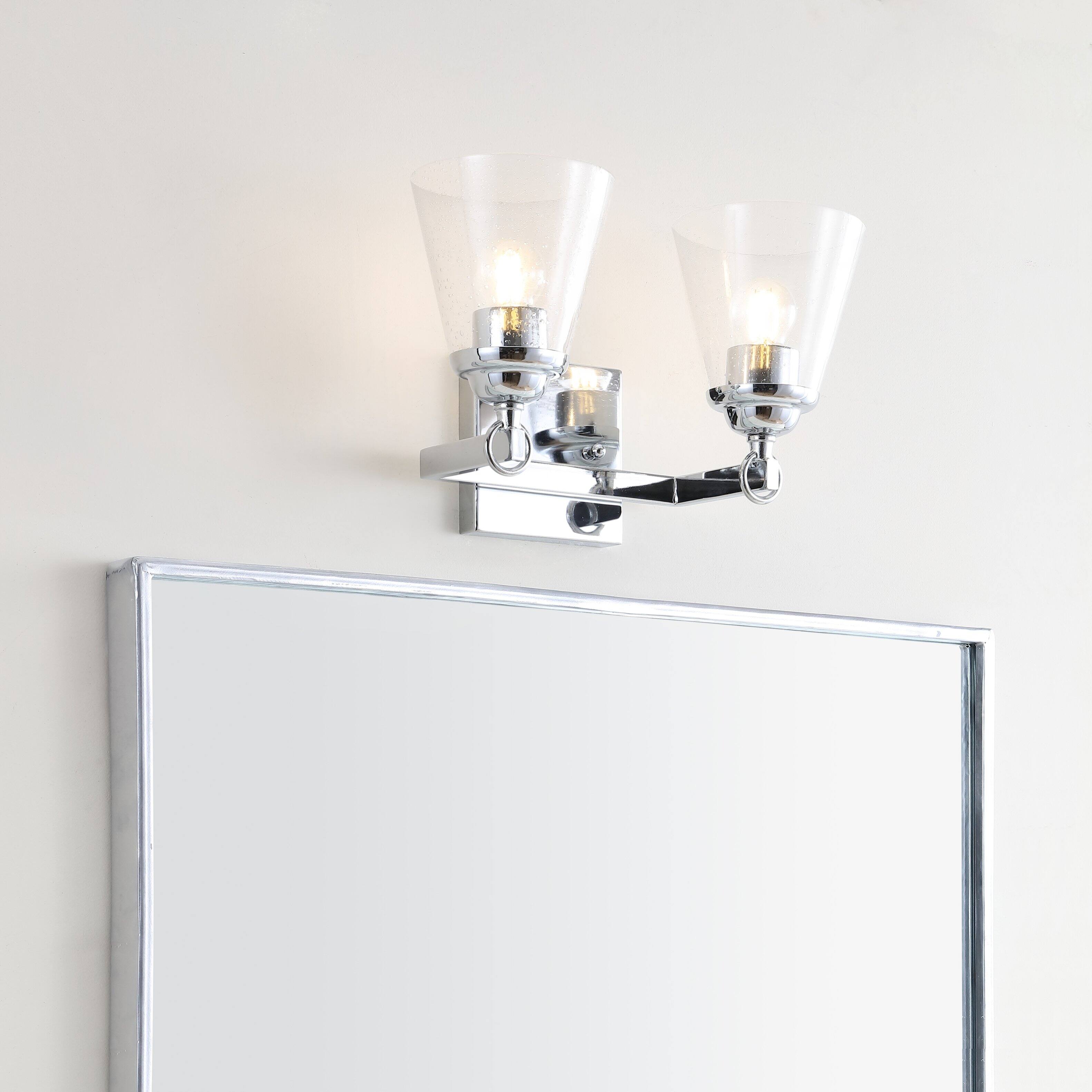 Alt View 1. Jonathan Y - Marion 12.75" 2-Light Hurricane Metal/Seeded Glass LED Vanity Light, Chrome - Chrome / Clear.