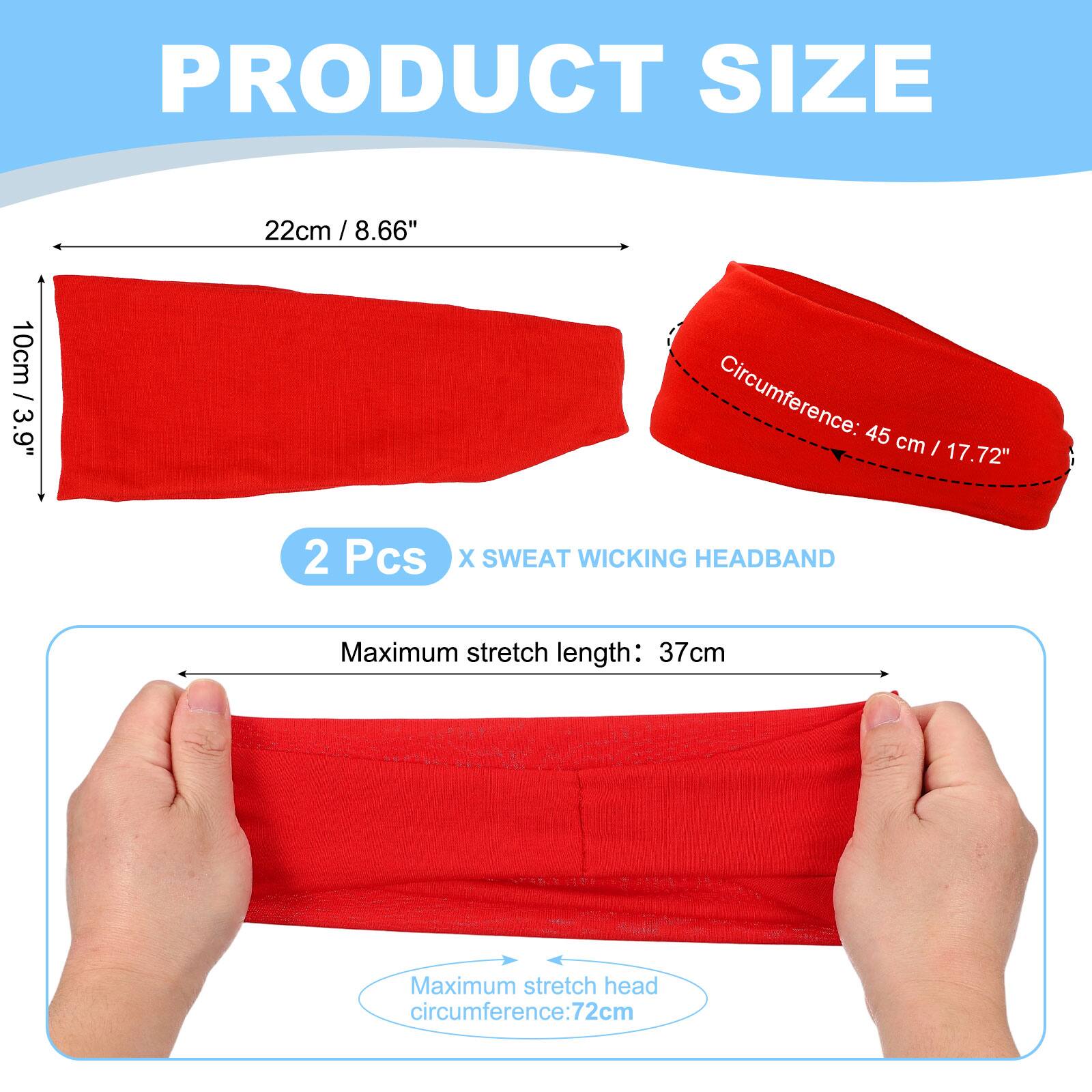 PRODUCT SIZE

22cm / 8.66"  
10cm / 3.9"  
Circumference: 45 cm / 17.72"  

2 Pcs X SWEAT WICKING HEADBAND  

Maximum stretch length: 37cm  
Maximum stretch head circumference: 72cm