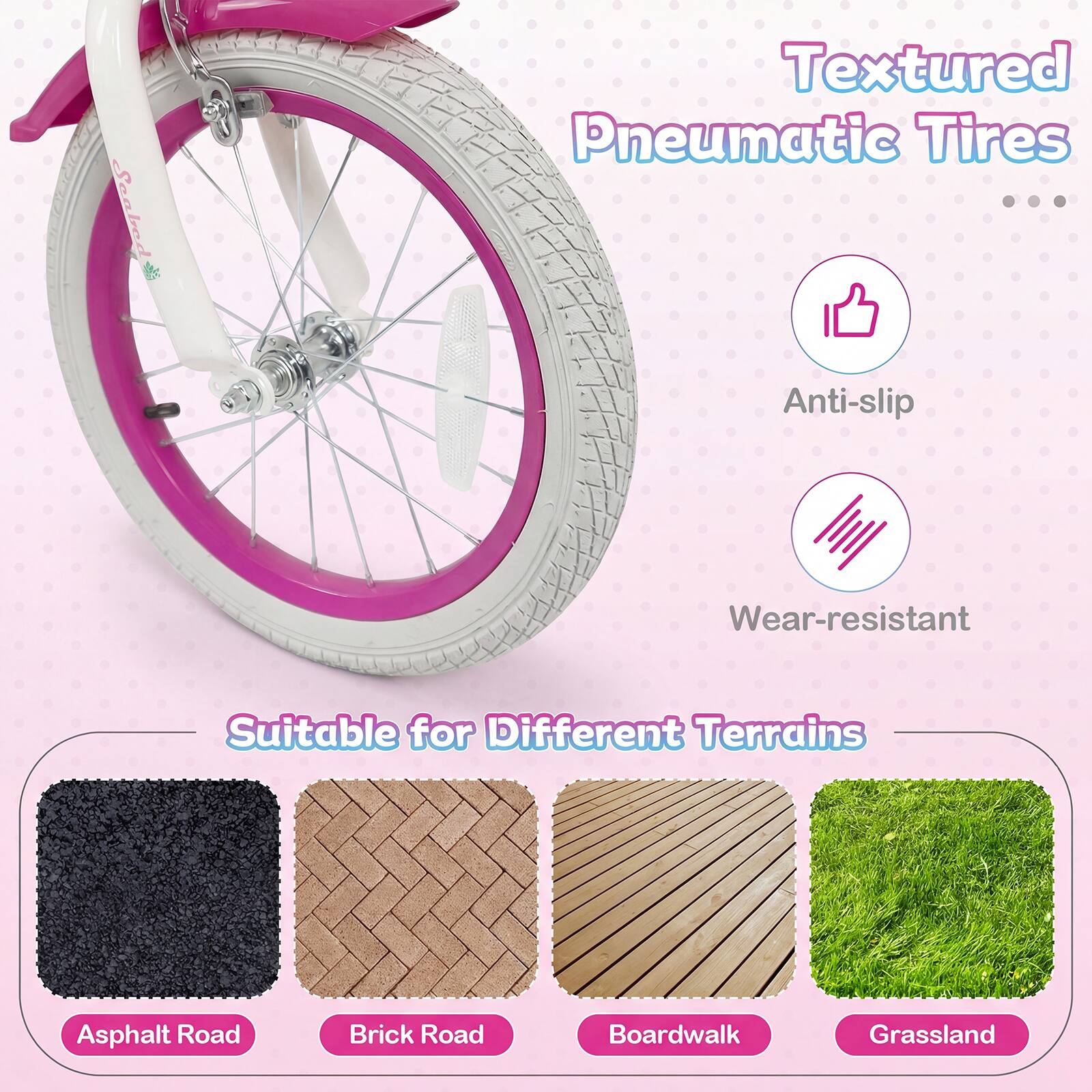 Textured Pneumatic Tires

Anti-slip  
Wear-resistant

Suitable for Different Terrains

Asphalt Road  
Brick Road  
Boardwalk  
Grassland