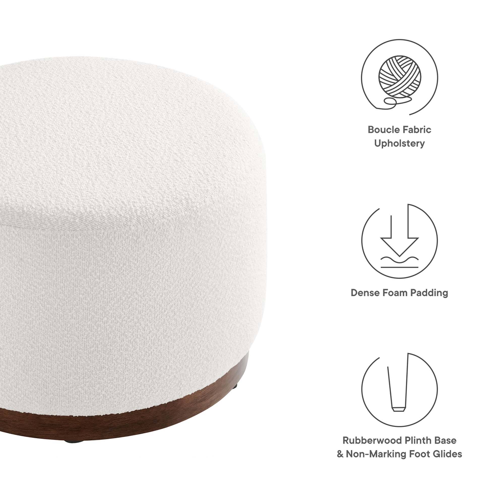 - Boucle Fabric Upholstery
- Dense Foam Padding
- Rubberwood Plinth Base & Non-Marking Foot Glides