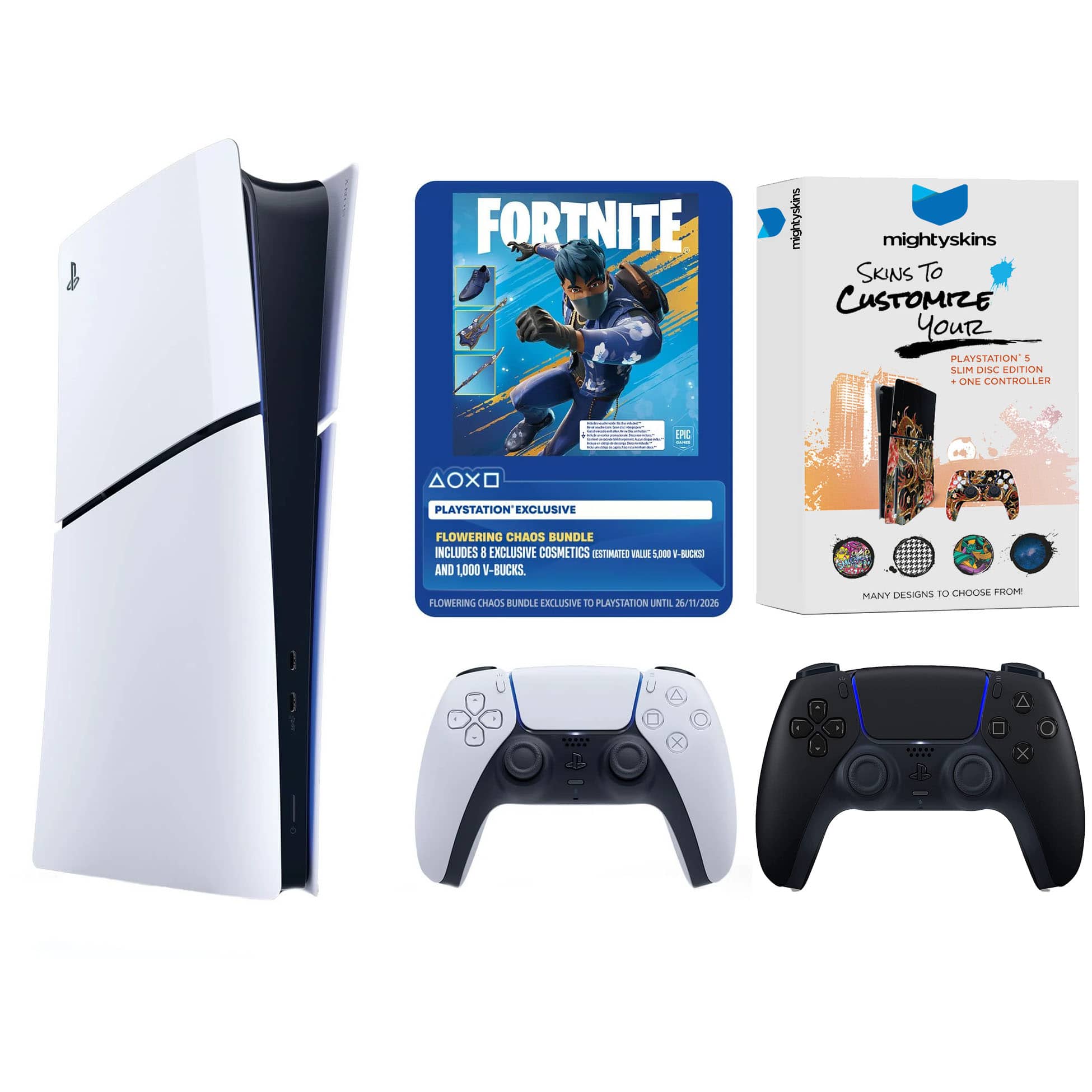 PlayStation 5 Disc Fortnite Flowering Chaos Bundle with Extra Controller and MightySkins Code - PlayStation 5
