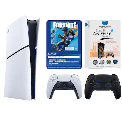 FORTNITE mightyskins SKINS To CUSTOMIZE YOUR PLAYSTATION 5 SLIM DISC EDITION + ONE CONTROLLER. PLAYSTATION EXCLUSIVE FLOWERING CHAOS BUNDLE INCLUDES 8 EXCLUSIVE COSMETICS (ESTIMATED VALUE 5,000 V-BUCKS) AND 1,000 V-BUCKS. FLOWERING CHAOS BUNDLE EXCLUSIVE TO PLAYSTATION UNTIL 26/11/2026. MANY DESIGNS TO CHOOSE FROM!