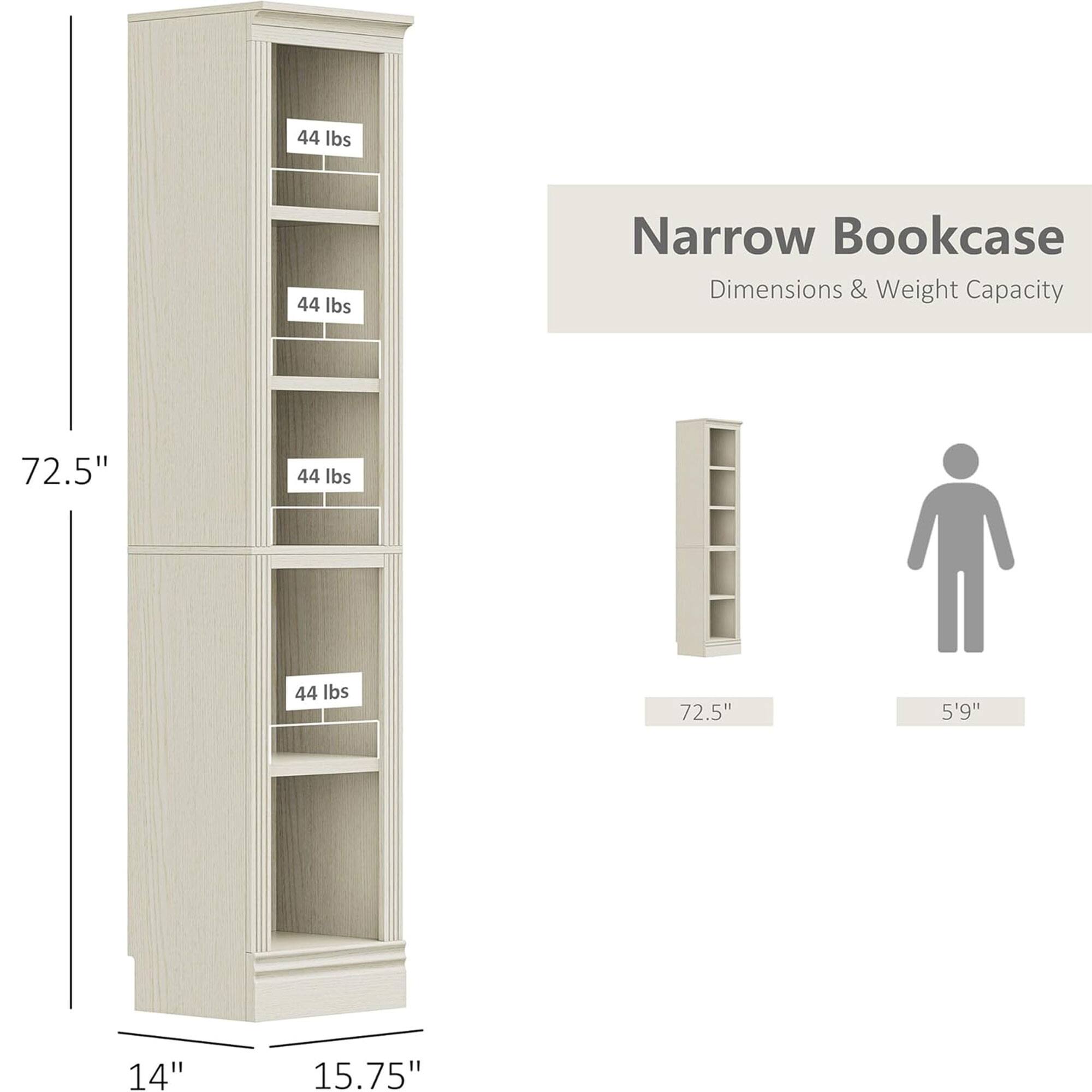 Narrow Bookcase  
Dimensions & Weight Capacity  

- Height: 72.5"  
- Width: 14"  
- Depth: 15.75"  

Weight Capacity: 44 lbs per shelf  

Reference Height: 5'9"