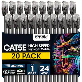 Cmple.com - Cmple - 20 Pack Cat5e Ethernet Cable 7ft Internet Patch Cord, RJ45, 1 Gigabit Router Cables 350Mhz LAN Wire - Black