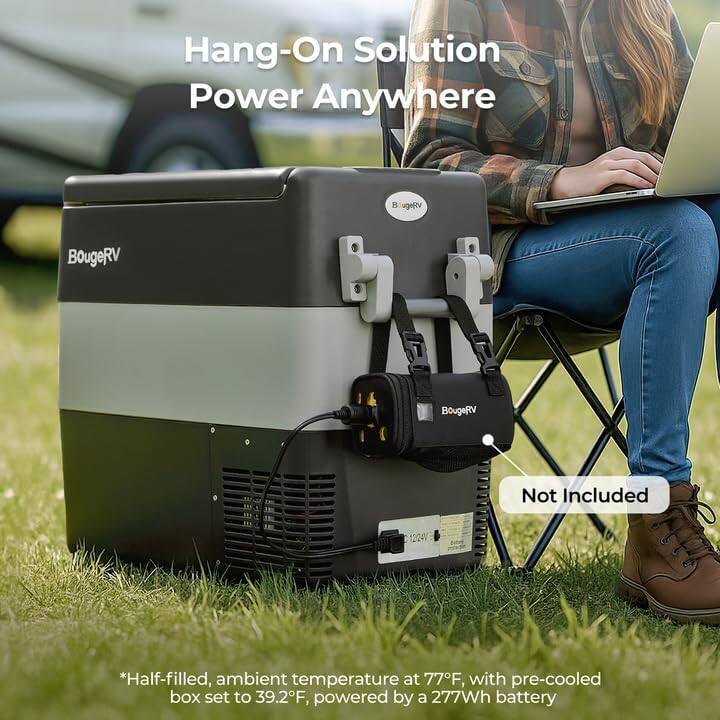 Hang-On Solution  
Power Anywhere  

BougeRV  
BougeRV  
BougeRV  

Not Included  

*Half-filled, ambient temperature at 77°F, with pre-cooled box set to 39.2°F, powered by a 277Wh battery