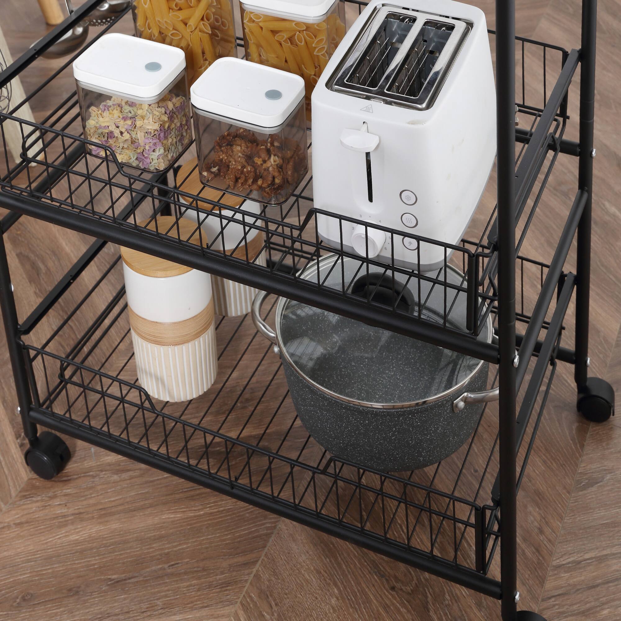 Alt View 5. Homcom - 3 Tier Kitchen Cart with Storage, Rolling Kitchen Island Cart with 2 Sliding Fruit Basket and Side Hooks for Dining Room - Walnut.