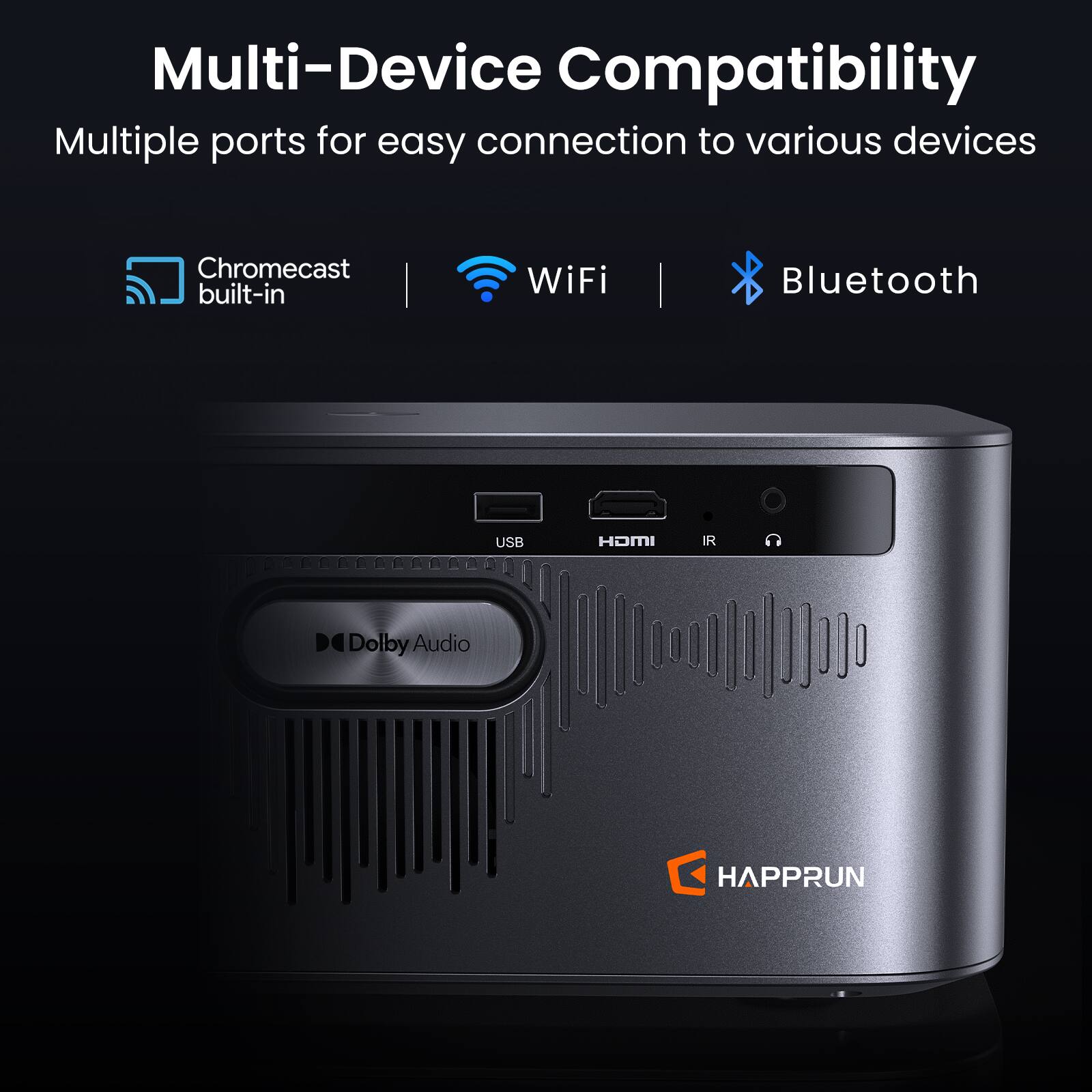 Multi-Device Compatibility  
Multiple ports for easy connection to various devices  
- Chromecast built-in  
- WiFi  
- Bluetooth  
- USB  
- HDMI  
- IR  
- Dolby Audio  
- HAPPRUN