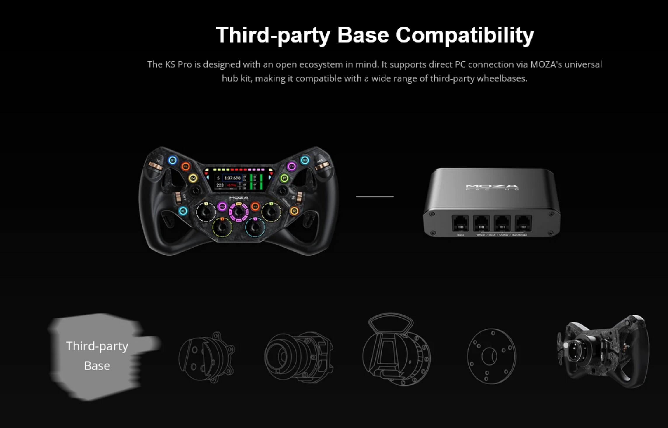 Third-party Base Compatibility

The KS Pro is designed with an open ecosystem in mind. It supports direct PC connection via MOZA's universal hub kit, making it compatible with a wide range of third-party wheelbases.