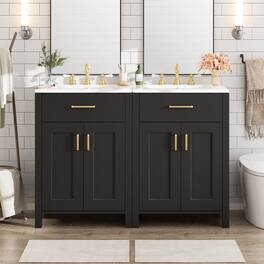 Boyel Living - 48 Inch Double Bathroom Vanity with Dual Ceramic Sinks, Soft-Close Doors, Flip Drawer, Gold Handles, Adjustable Shelf - Black