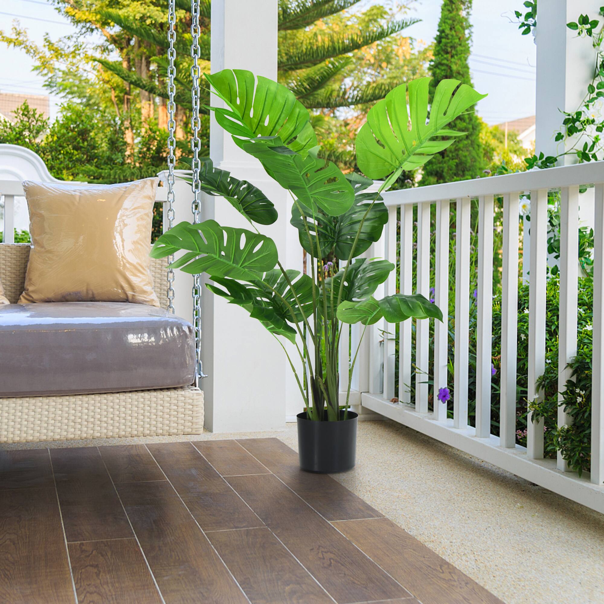 Alt View 3. Gymax - Gymax 2 Pack Artificial Monstera Deliciosa Tree 4ft Faux Plant w/ Cement-Filled Pot - Green, Black.