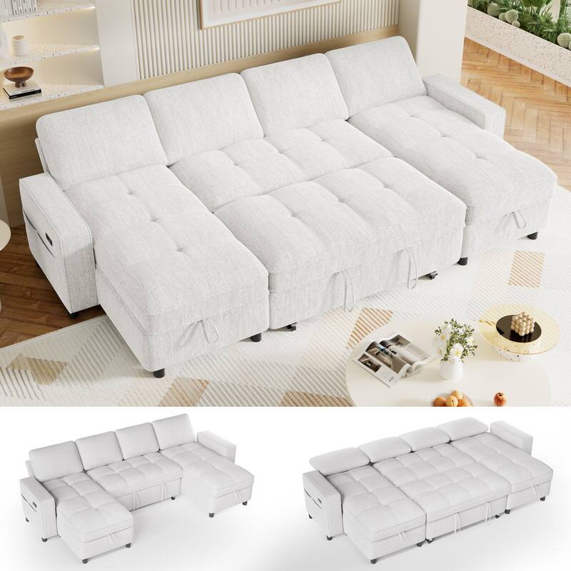Left. Vipbear - 104.7" Sleeper Sofa with Pull Out Bed, U Shaped 6 Seat Modular Sectional Sofa with Storage, USB Charging, Side Pocket - Beige.