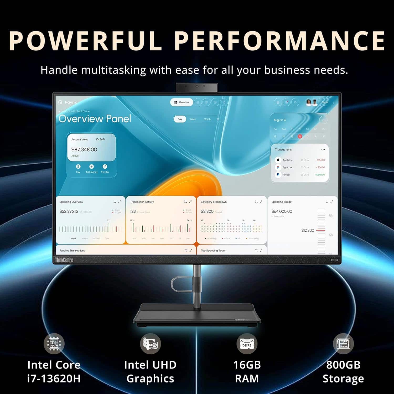 Alt View 2. Lenovo - Lenovo ThinkCentre Neo 30A 23.8" All-in-One Desktop,Intel i7-13620H,16GB DDR5,512GB SSD+288GB Dock Set,Win 11 Pro,Black - Black.