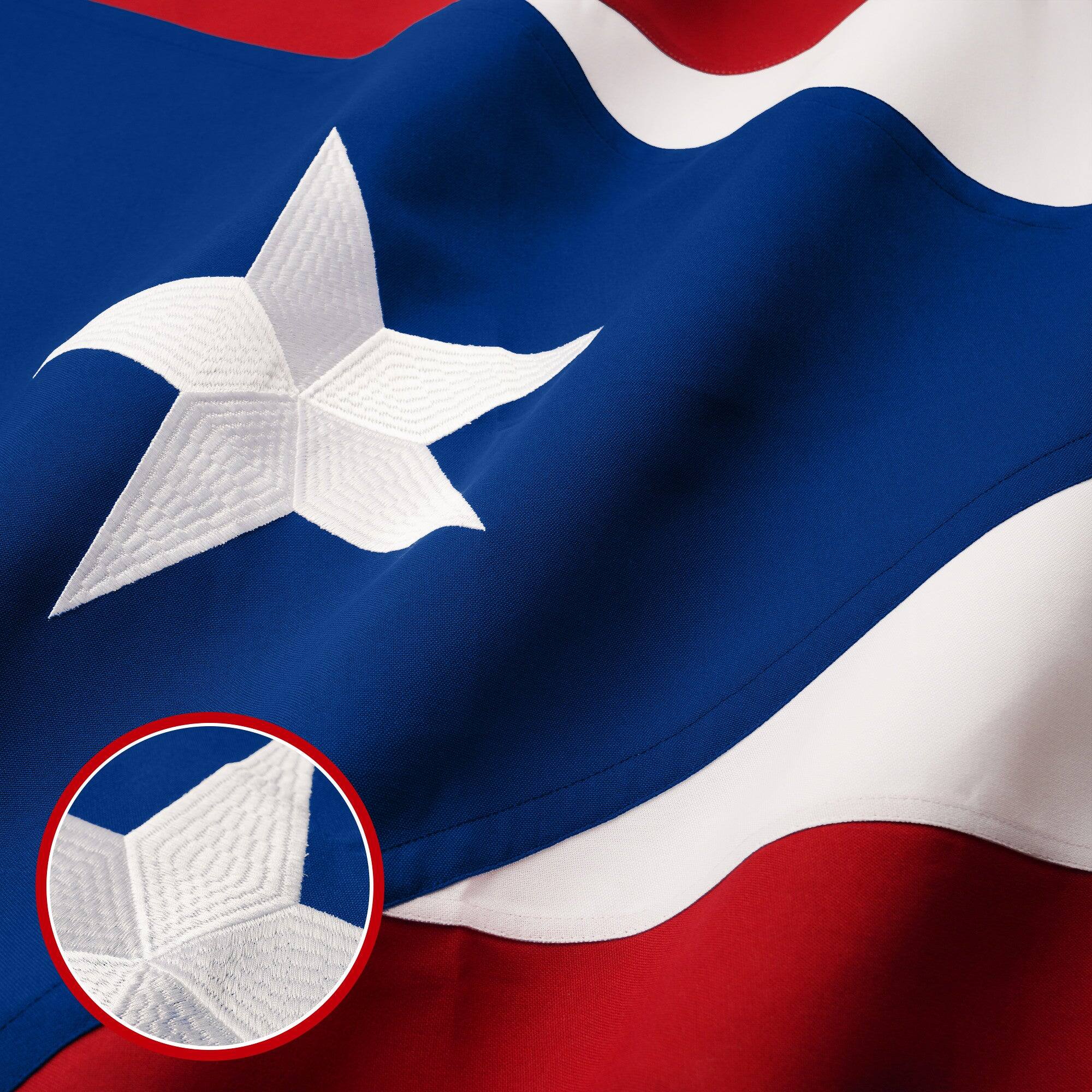 Angle. G128 - Puerto Rico Flag 2.5 x 4 ft Embroidered 220GSM Spun Polyester with Brass Grommets. - Assorted Colors.
