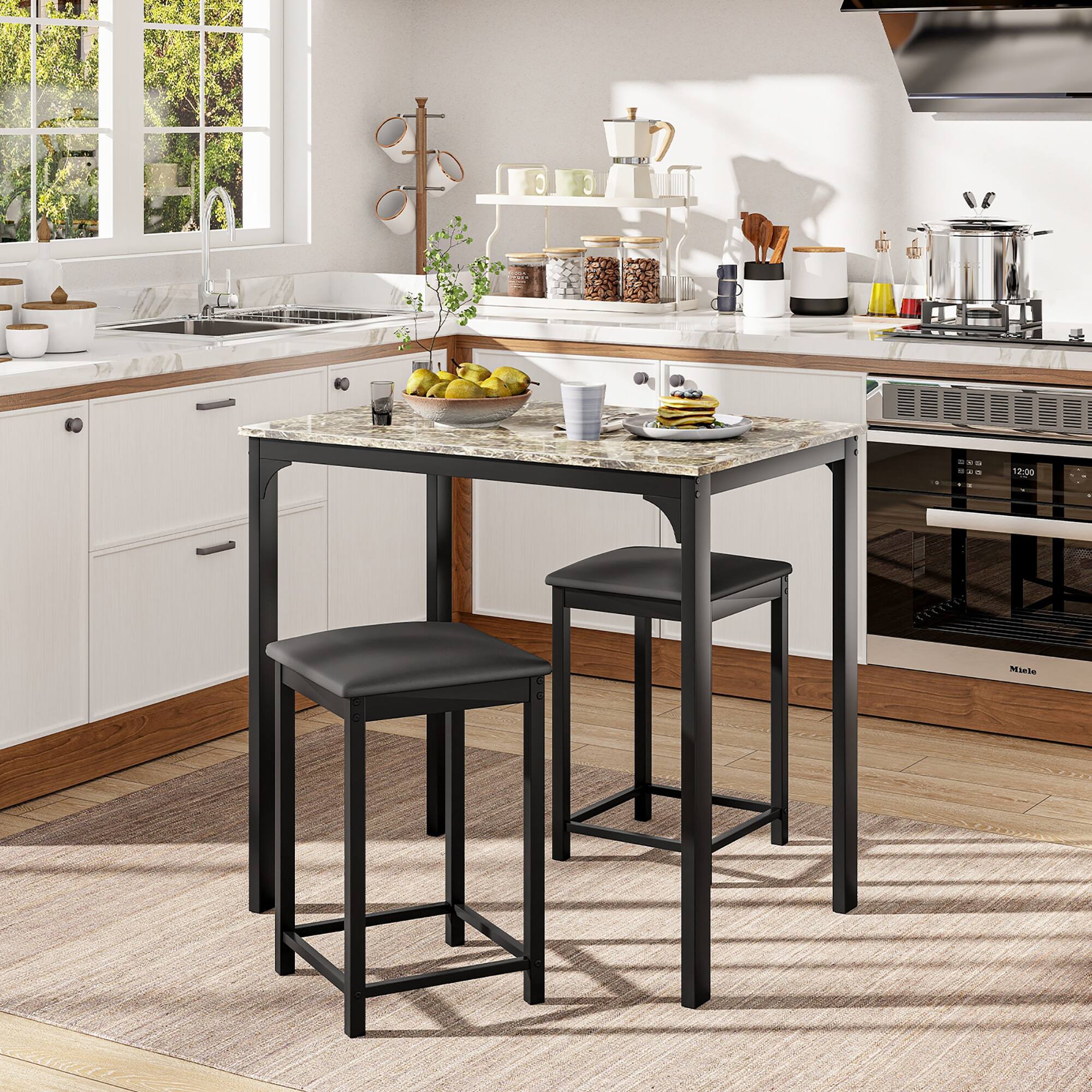 Alt View 1. Gymax - Gymax 3 PCS Counter Height Dining Set Faux Marble Table & 2 Chairs Kitchen Bar New Brown - Brown.