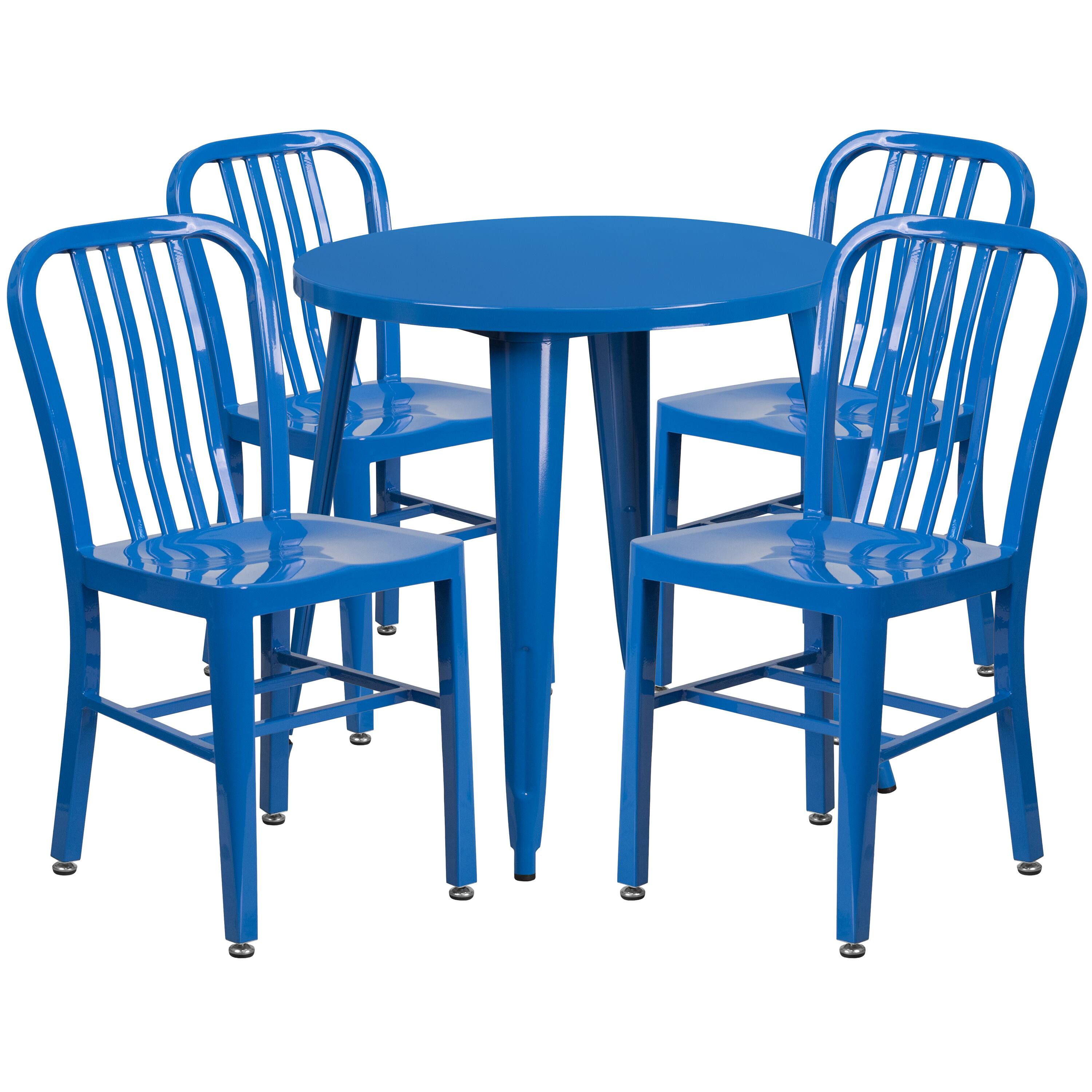 Alt View 1. Emma + Oliver - Commercial Grade 30" Round Metal Indoor-Outdoor Table Set & 4 Slat Back Chairs - Blue.