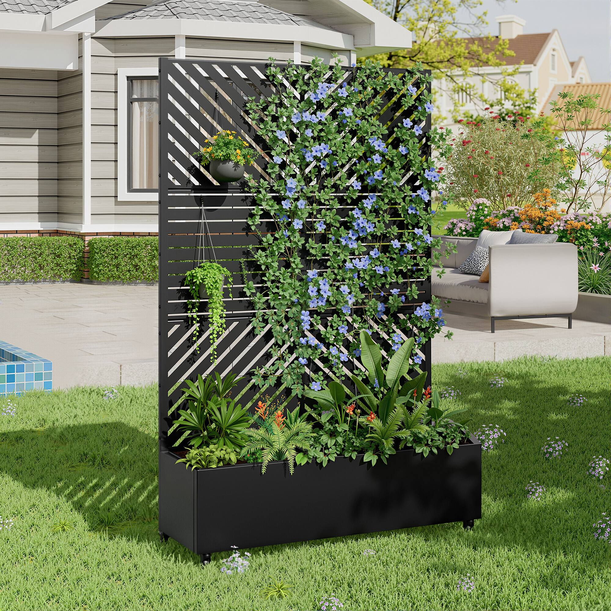 Alt View 2. PexFix - 72 in. H x 47 in. W Parared Pattern Rectangle Metal Planter Box Raised Garden Beds with Trellis-Ideal for Balcony - Black.