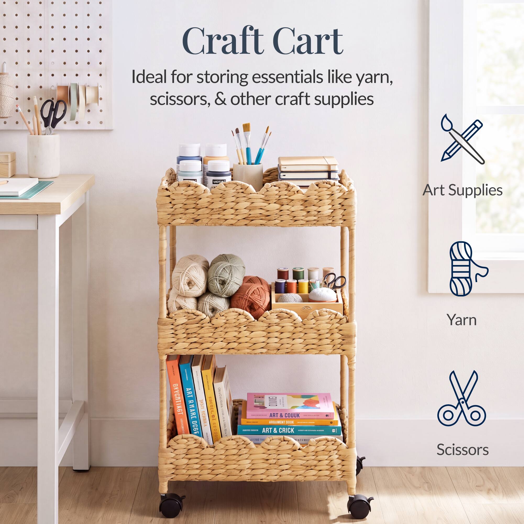 Craft Cart  
Ideal for storing essentials like yarn, scissors, & other craft supplies  

Art Supplies  
Yarn  
Scissors