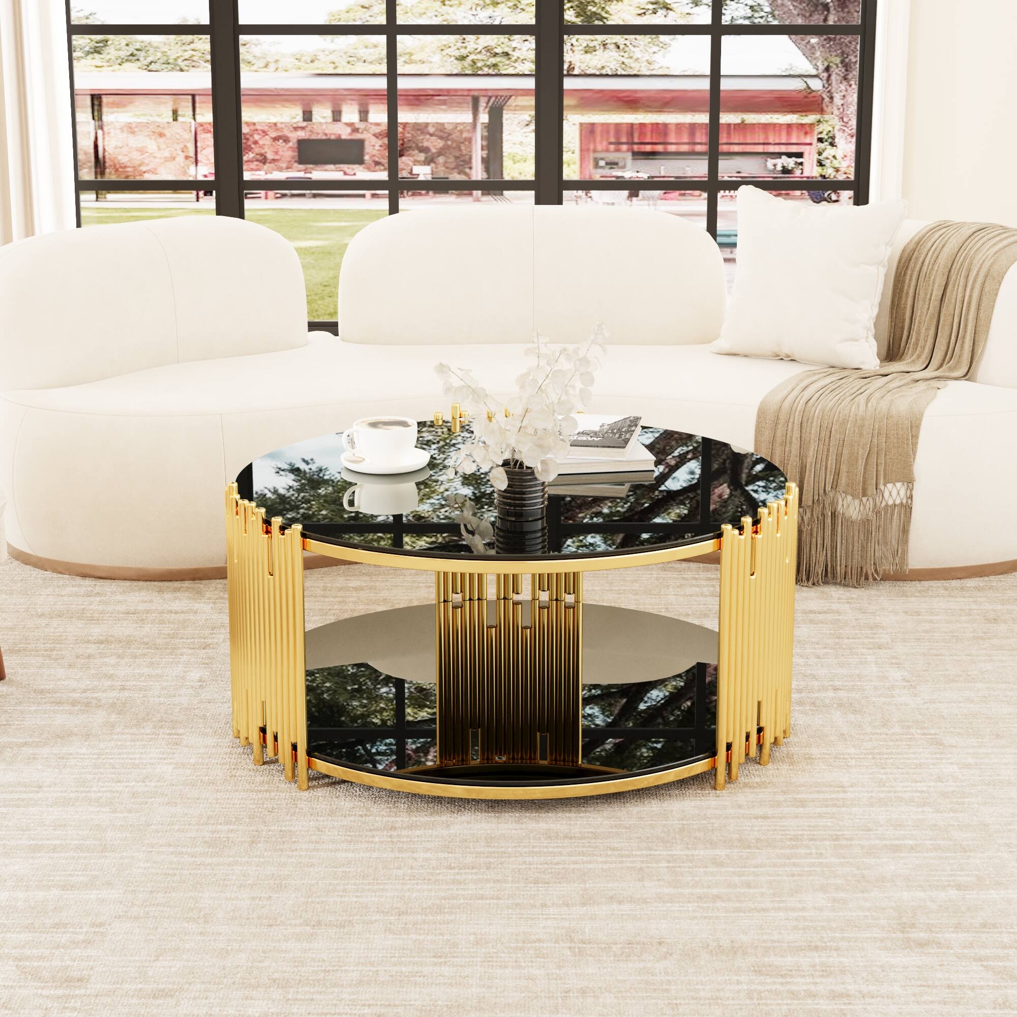 Left. APRILSOUL - Coffee Table with Dual Storage Modern Round Coffee Table with Hidden Compartment Adjustable Leveling - Black.