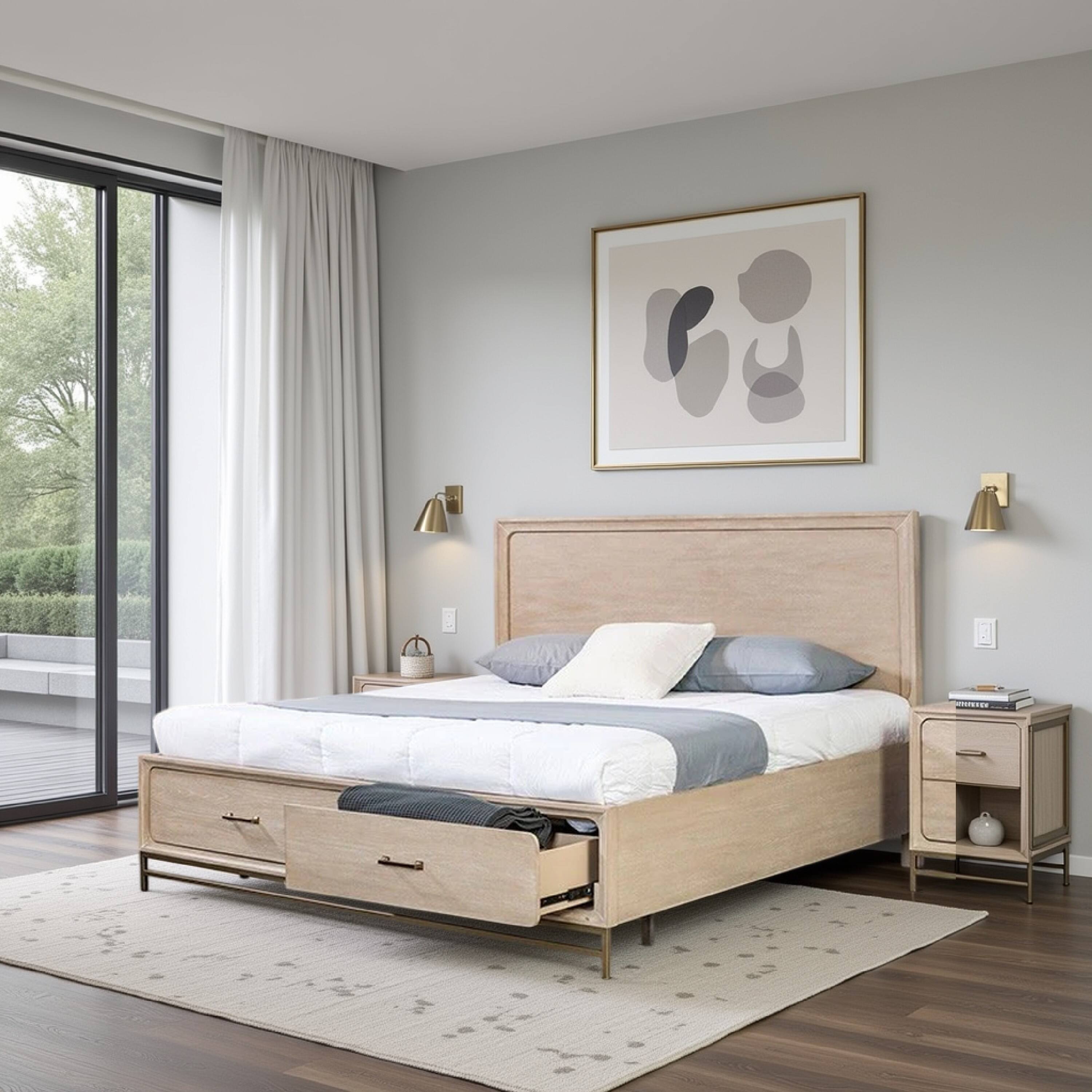 Alt View 5. Manhattan Lane - Rozie Queen Bed, Footboard Storage Drawers, Light Oak Brown Solid Wood - Light Oak Brown, Gold.