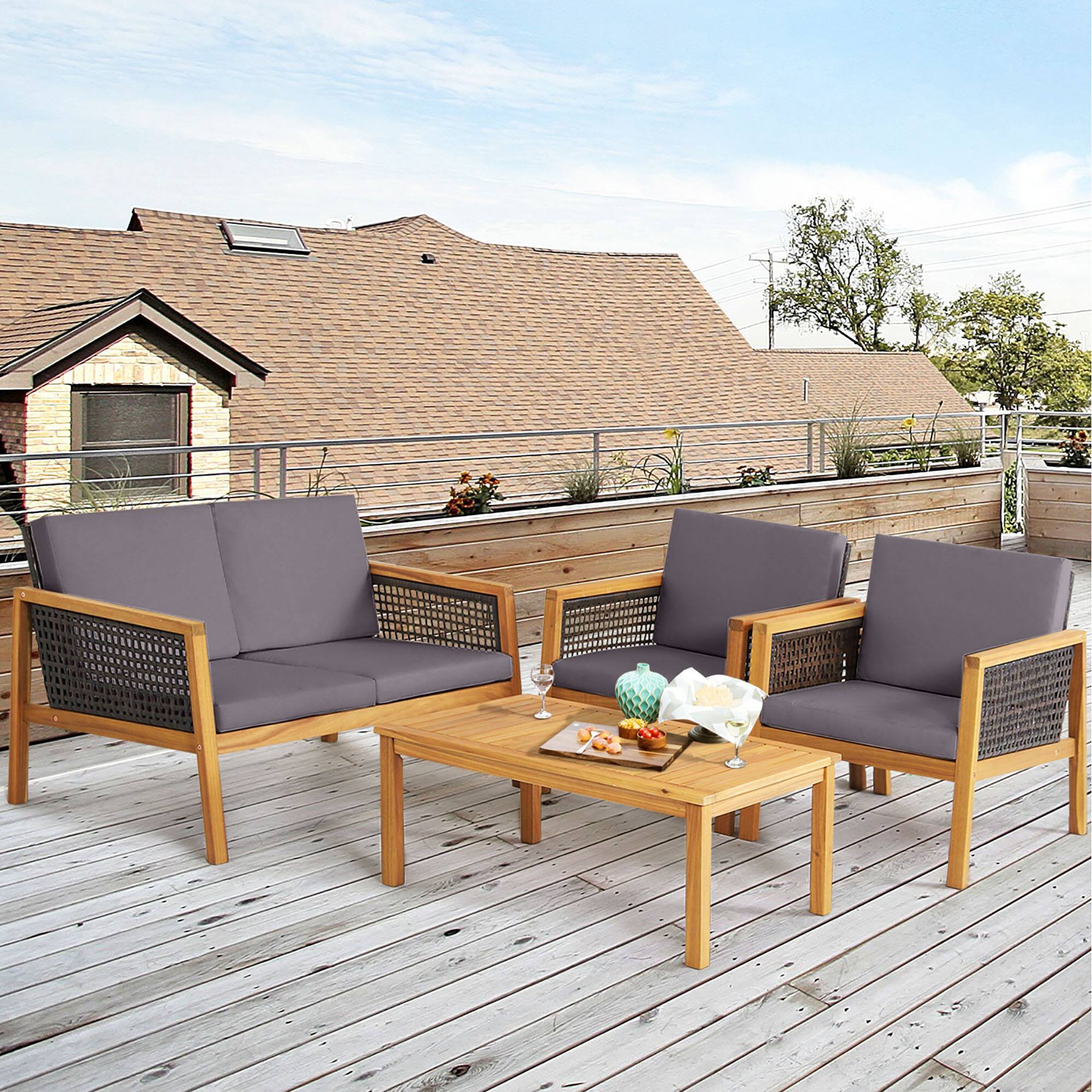 Alt View 8. Gymax - Gymax 4PCS Patio Acacia Wood Furniture Set PE Rattan Conversation Set w/ Grey Cushions - Gray.