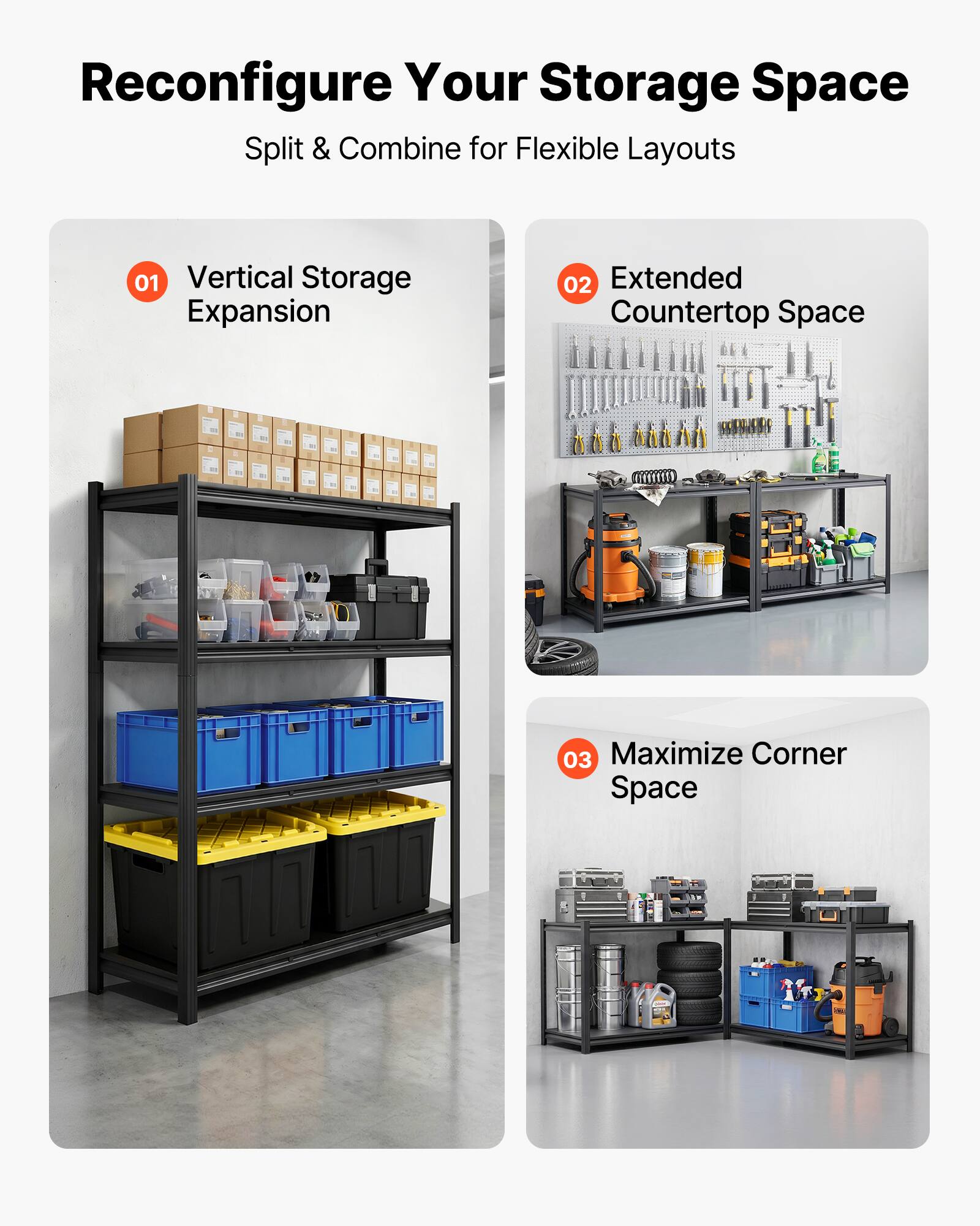 Reconfigure Your Storage Space  
Split & Combine for Flexible Layouts  

01 Vertical Storage Expansion  
02 Extended Countertop Space  
03 Maximize Corner Space