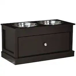 Pawhut - Elevated Dog Bowls with Storage Drawer Containing 11L Capacity, Raised Bowl Stand, Food Bowl, Feeding Station - Coffee Brown