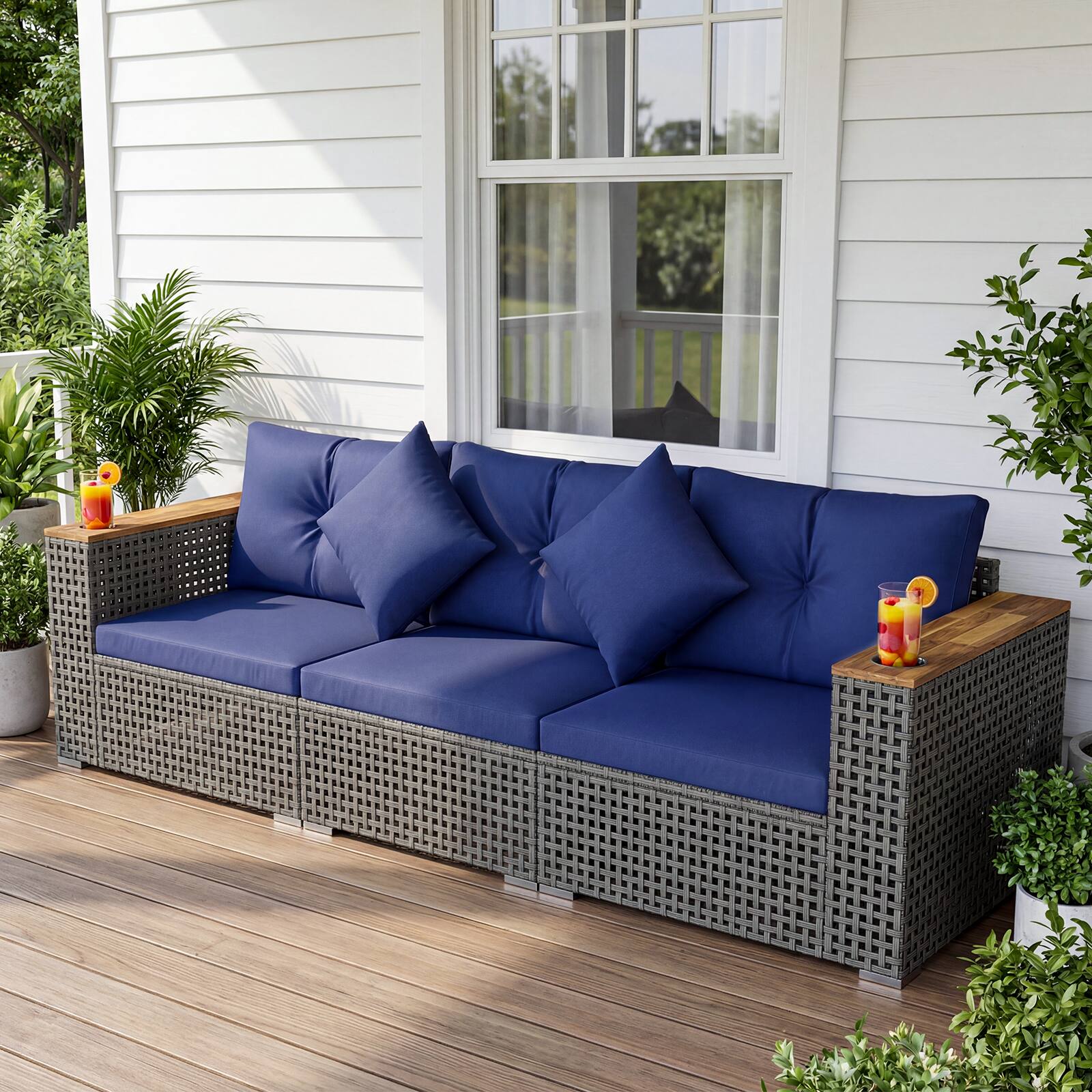 Alt View 4. Costway - Costway Patio Wicker Sectional Furniture Set, 3 Piece Outdoor Couch Set for Garden - Navy.