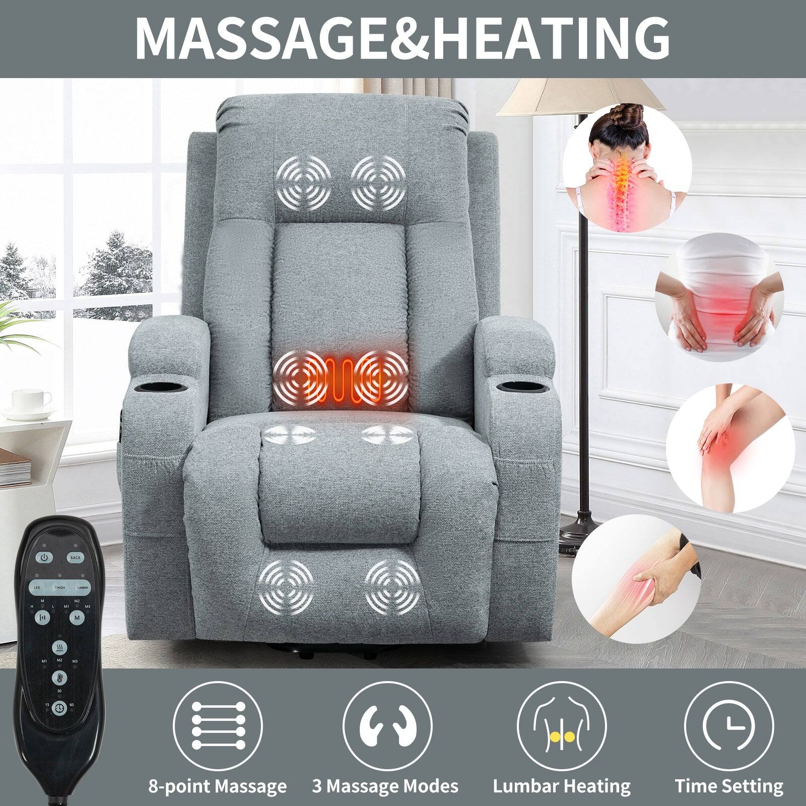 MASSAGE & HEATING: 8-point Massage, 3 Massage Modes, Lumbar Heating, Time Setting