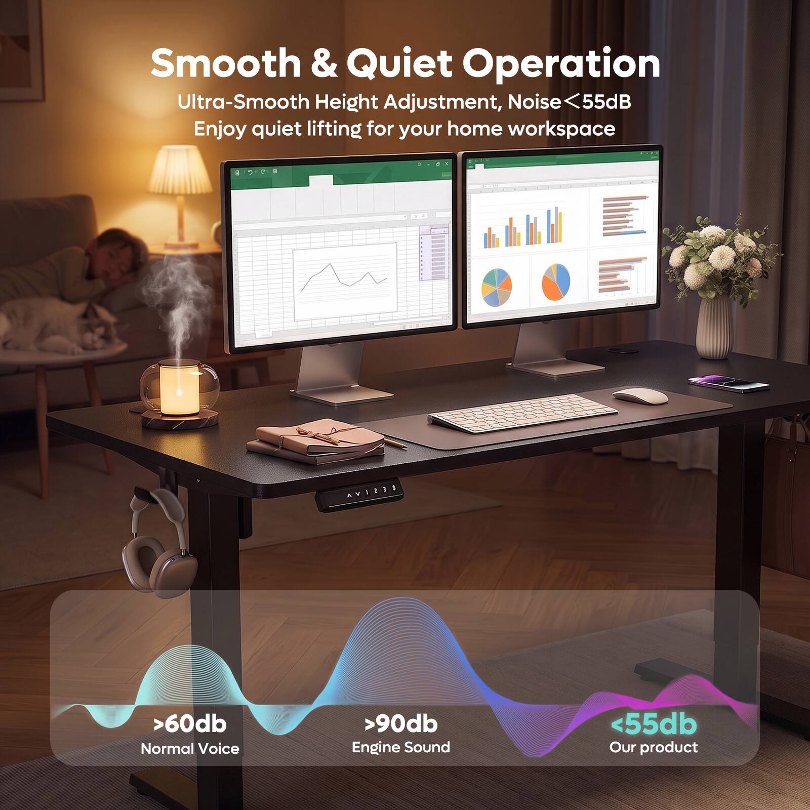 Smooth & Quiet Operation  
Ultra-Smooth Height Adjustment, Noise <55dB  
Enjoy quiet lifting for your home workspace  

>60dB Normal Voice  
>90dB Engine Sound  
<55dB Our product