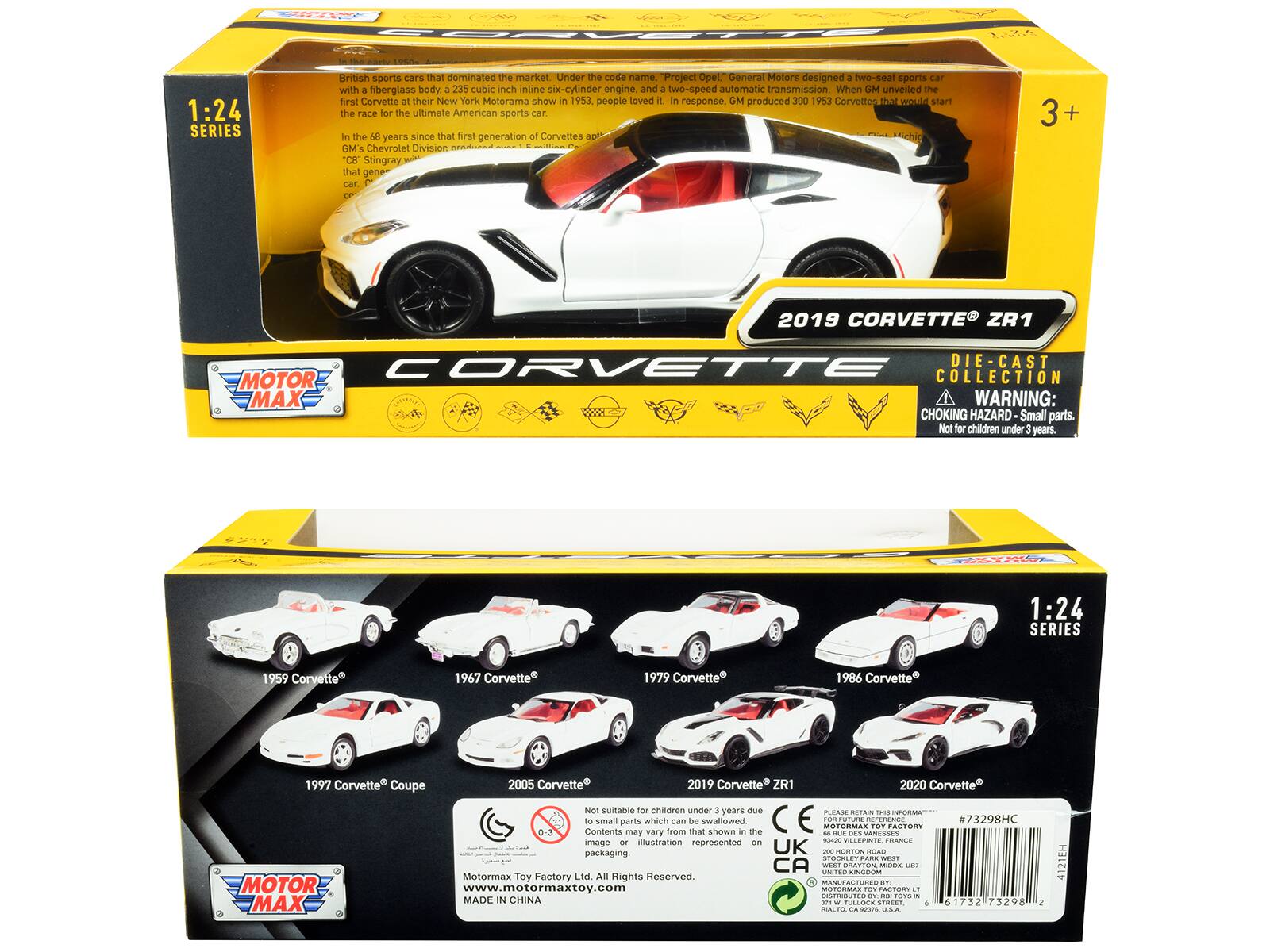 1:24 SERIES

British sports cars that dominated the market. Under the code name "Project Opel," General Motors designed a two-seat sports car with a fiberglass body, 235 cubic inch inline six-cylinder engine, and two-speed automatic transmission. When GM unveiled the first Corvette at their New York Motorama show in 1953, people loved it. In response, GM produced 300 1953 Corvettes, which would start the race for the ultimate American sports car. In the 68 years since that first generation of Corvettes, GM's Chevrolet Division has created the "C8" Stingray, that generation of car.

1:24 SERIES

1959 Corvette
1967 Corvette
1979 Corvette
1986 Corvette
1997 Corvette Coupe
2005 Corvette
2019 Corvette ZR1
2020 Corvette

MOTOR MAX

WARNING: CHOKING HAZARD - Small parts. Not for children under 3 years.

Not suitable for children under 3 years due to small parts which can be swallowed.

MOTOR MAX TOY FACTORY LTD. All Rights Reserved.
www.m