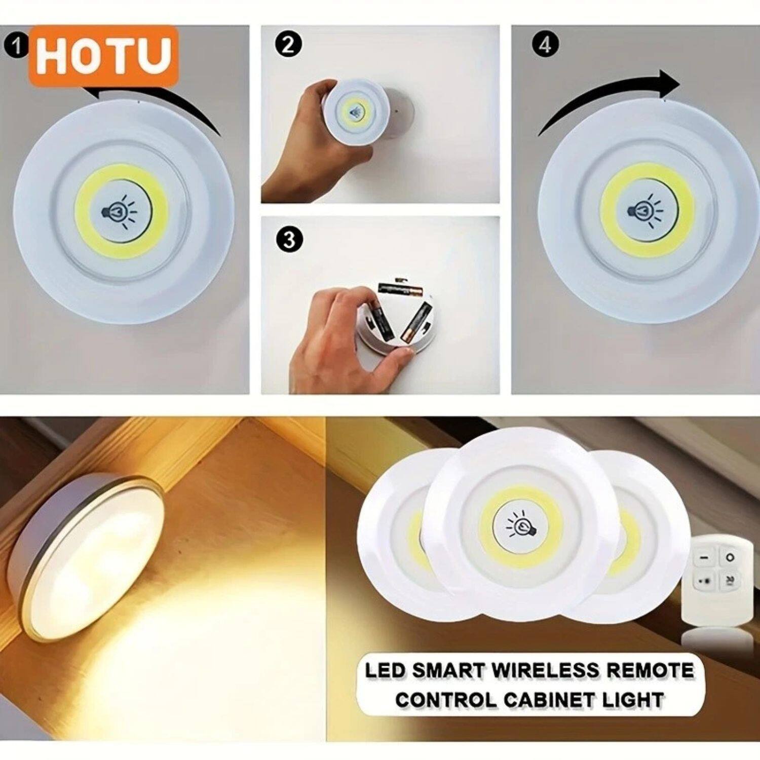 1. HOTU

2. LED SMART WIRELESS REMOTE CONTROL CABINET LIGHT

3. (Image showing the battery compartment)

4. (Image showing the light in use)