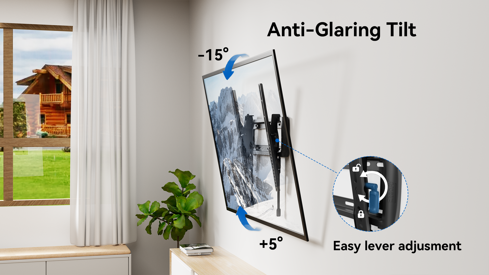 The text on the image reads: "Anti-Glaring Tilt -15 +5 Easy lever adjustment."