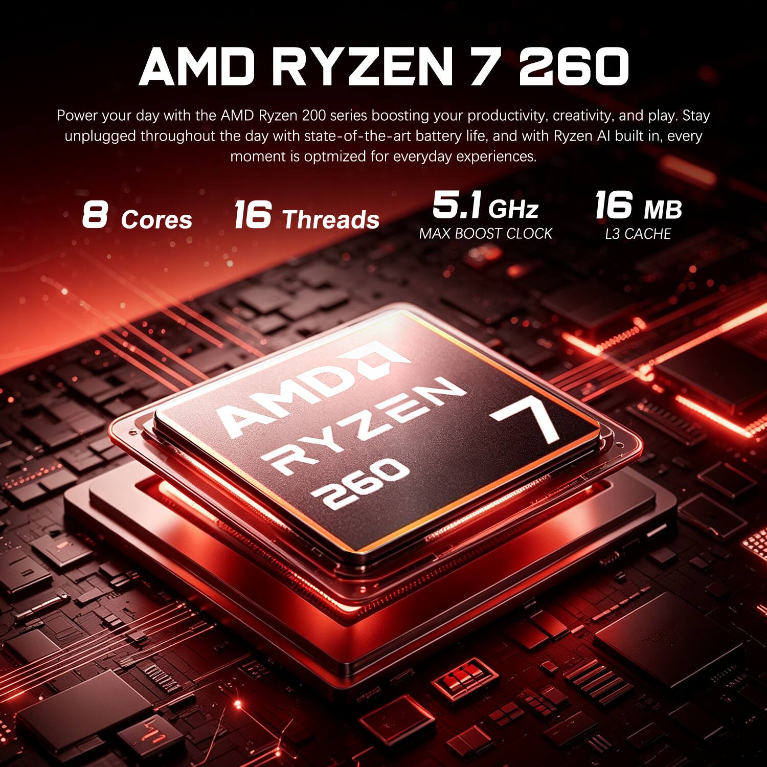 AMD RYZEN 7 260  
Power your day with the AMD Ryzen 200 series boosting your productivity, creativity, and play. Stay unplugged throughout the day with state-of-the-art battery life, and with Ryzen AI built in, every moment is optimized for everyday experiences.  

8 Cores  
16 Threads  
5.1 GHz MAX BOOST CLOCK  
16 MB L3 CACHE