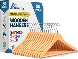 Lifemaster - Wooden Clothes Hangers – 50-Pack, 360° Swivel Hook, Non-Slip Notch, Pants Bar, Holds 10 lbs, for Suits, Coats & Dresses - Natural Wood