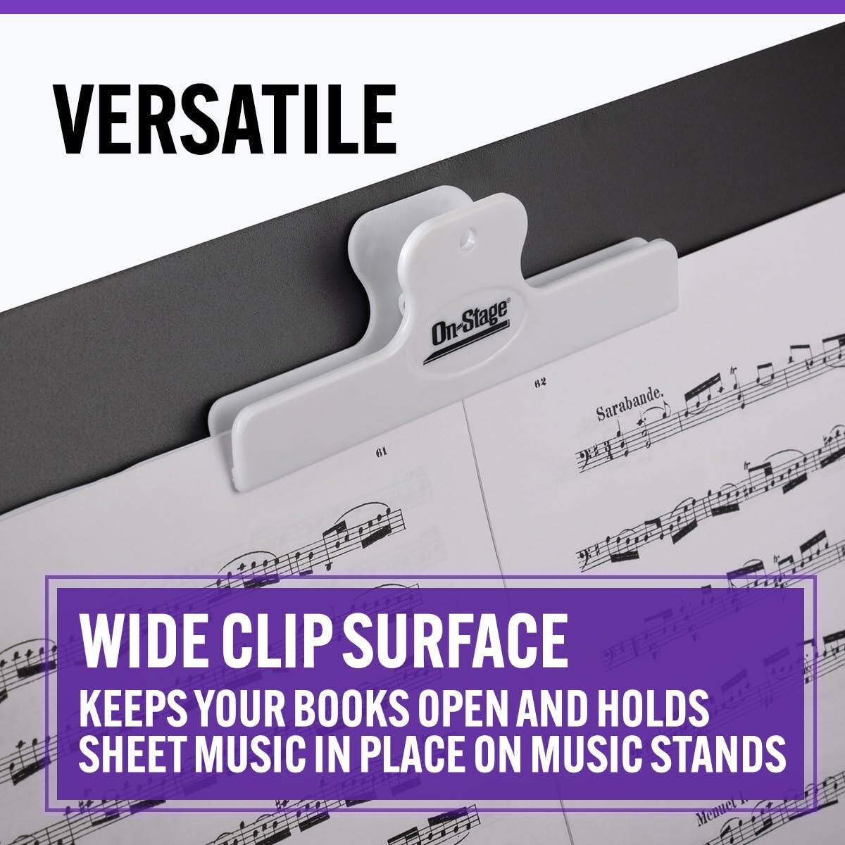 VERSATILE  
On-Stage 8Z Sarabande.  
WIDE CLIP SURFACE  
KEEPS YOUR BOOKS OPEN AND HOLDS SHEET MUSIC IN PLACE ON MUSIC STANDS