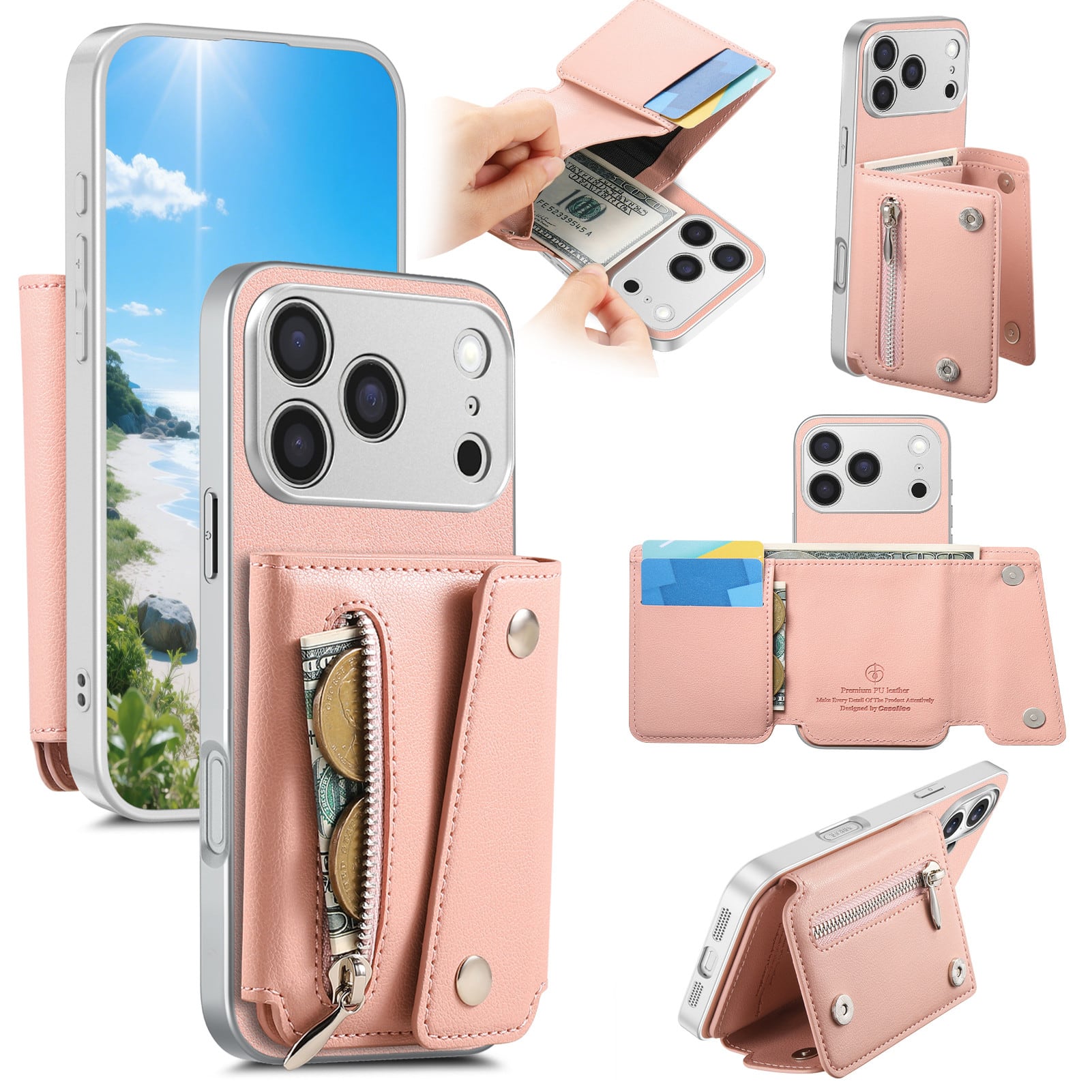 Dteck - PU Leather Wallet Case for Apple iPhone 17 Pro Max, Shockproof Kickstand Phone Cover with Card Slots and Zipper Pocket - Pink price history on PriceWatchPro