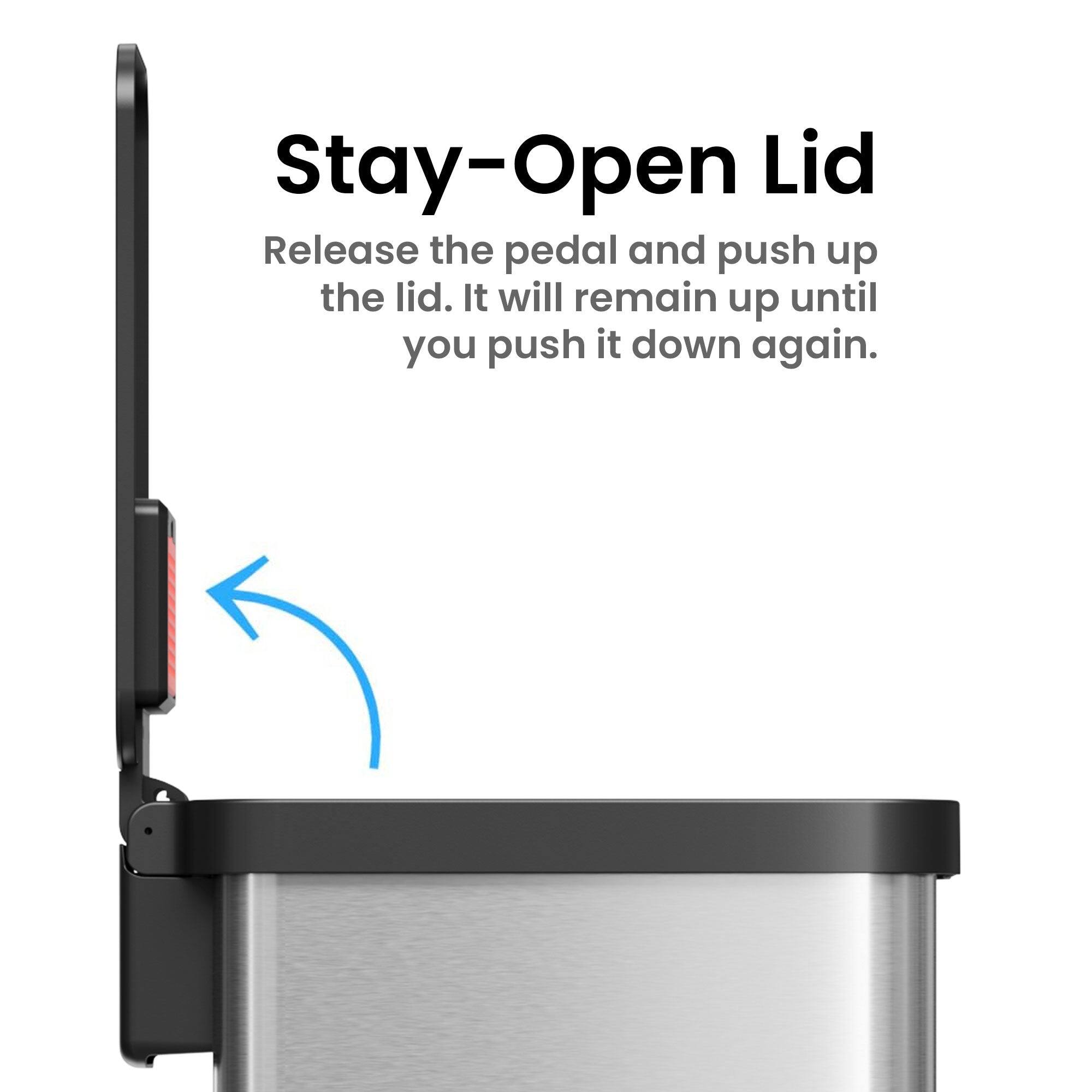 Stay-Open Lid

Release the pedal and push up the lid. It will remain up until you push it down again.