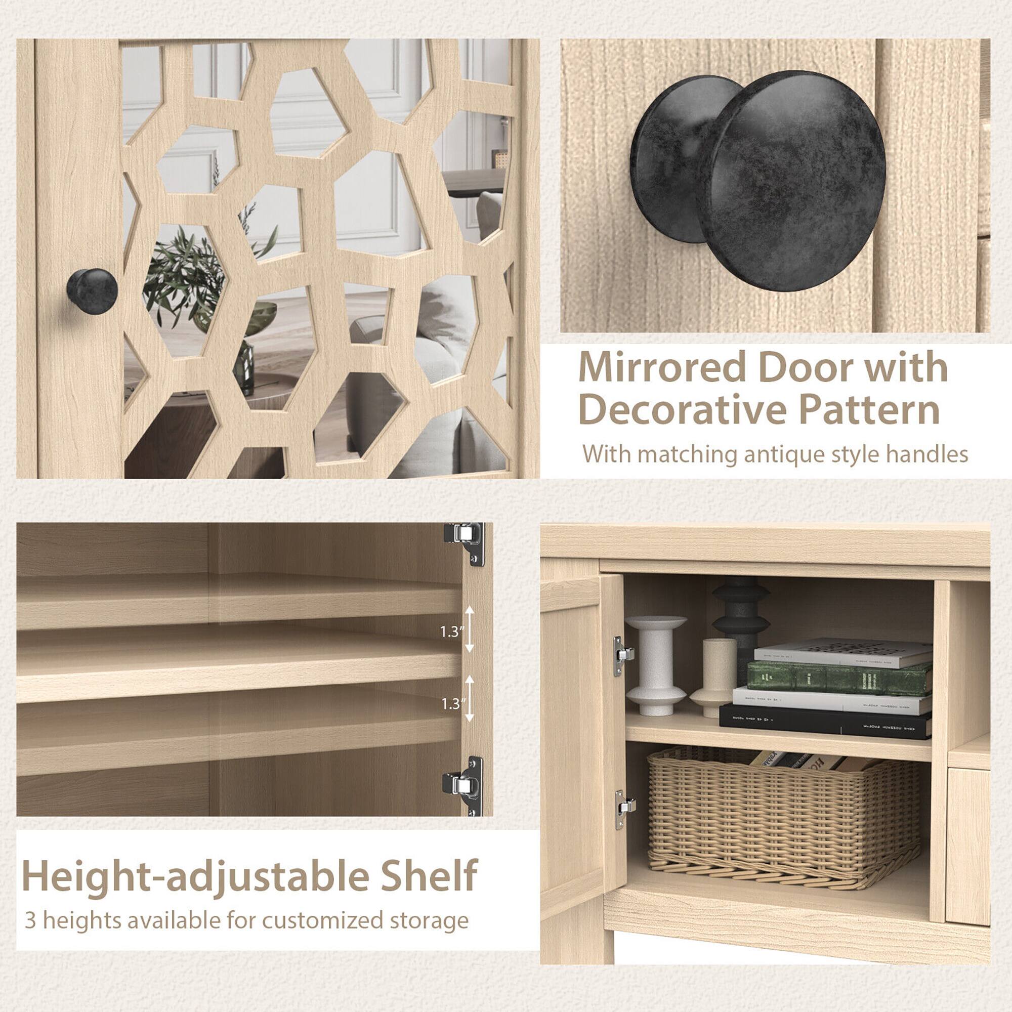 Mirrored Door with Decorative Pattern: A mirrored door with a decorative pattern and matching antique style handles.

Height-Adjustable Shelf: A shelf with three heights available for customized storage.