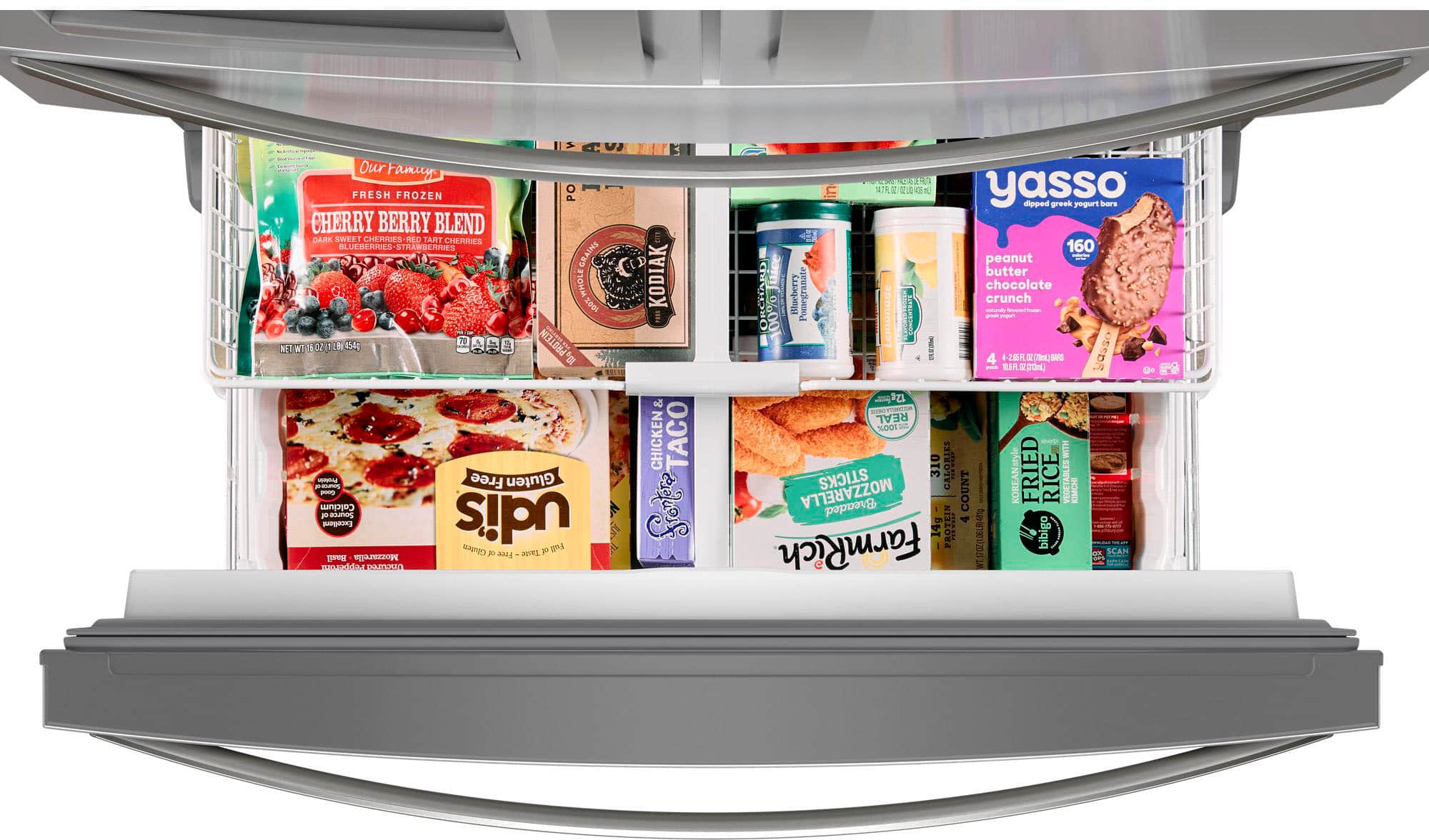 The image shows a refrigerator with a variety of food items inside. There are several bottles, including one with a blueberry flavor and another with a pomegranate flavor. There are also multiple yogurt bars and a peanut butter and chocolate bar. In addition to these items, there is a container of chicken taco shells and a container of Korean-style fried rice sticks. The refrigerator is filled with a diverse assortment of food options, providing a range of choices for meal planning and consumption.