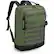 The image features a green backpack with a black strap. The backpack has a Swiss Digital design and is made of a camouflage pattern. The backpack is empty and hanging on a wall.