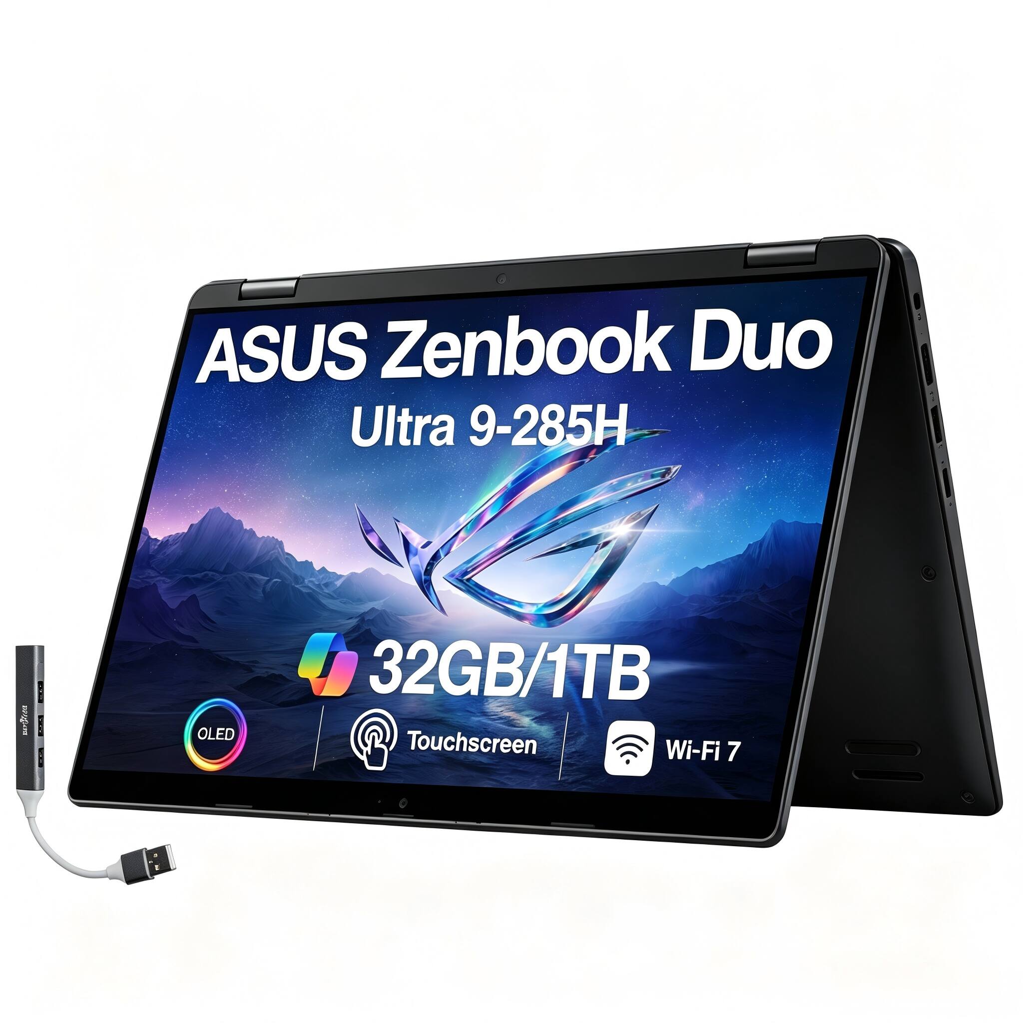 ASUS - Zenbook Duo 2-in-1 Laptop 14.0 2.8K (Intel Ultra 9-285H, 32GB LPDDR5X, 1TB SSD, Win 11 Home) w/USB Hub - Inkwell Gray