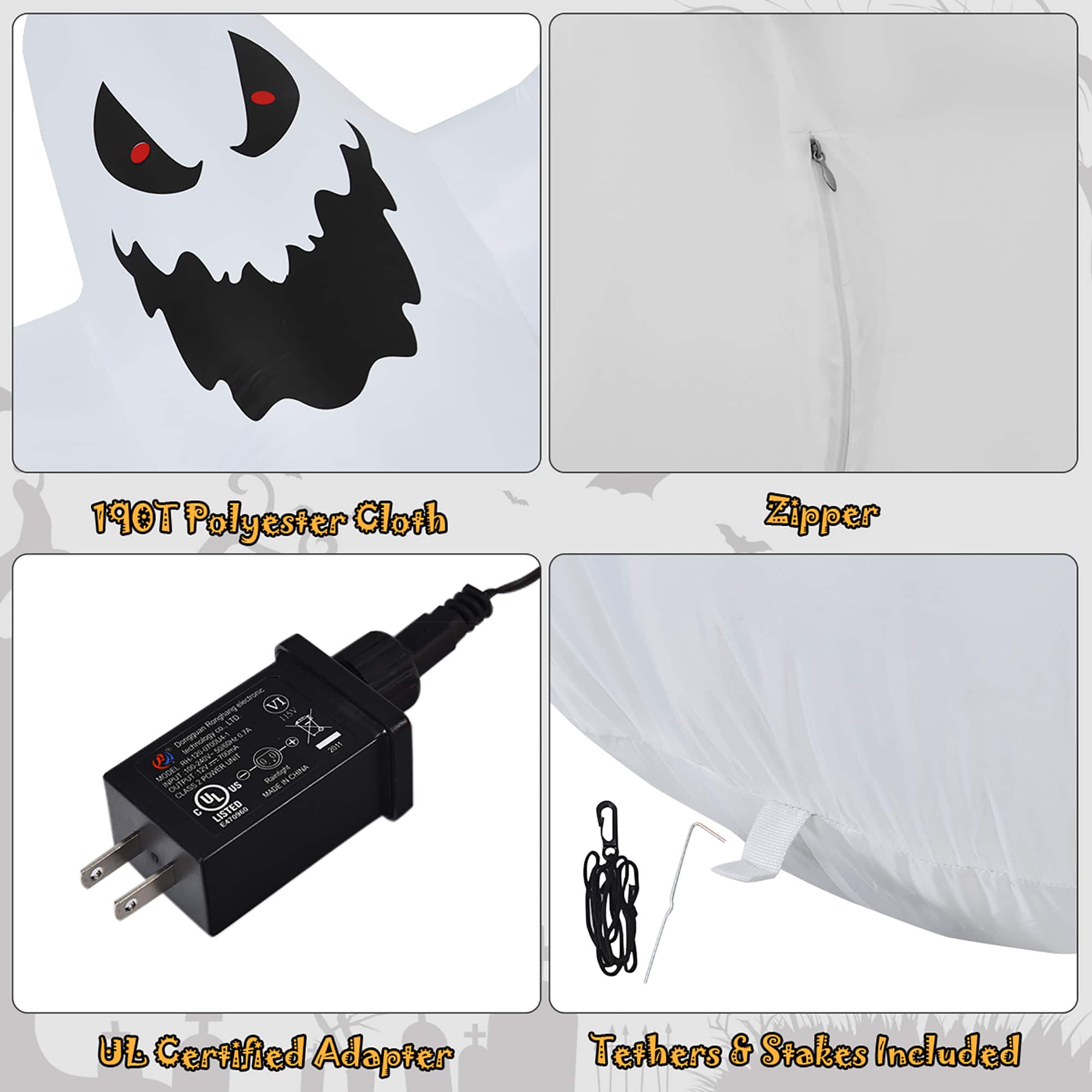 The image contains a variety of items, including a black power adapter, a zipper, and a polyester cloth. The power adapter is described as being UL certified, and it comes with tethers and stakes included. The zipper is likely part of a jacket or other clothing item, while the polyester cloth could be used for various purposes, such as a tent or a banner. The image also features a scary-looking ghost, possibly as a decoration or for a Halloween-themed event.