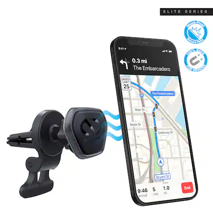 ELITE SERIES Shock-Proof 9:41 1 wl 0.3 mi The Embarcadero SPEED LIMIT 25 The Embarcadero 80 Secure Hold 100% SAFE FOR DEVICES Main St Beale St Delancey St A Bryant St 9:46 arrival 5 min 1.0 mi End