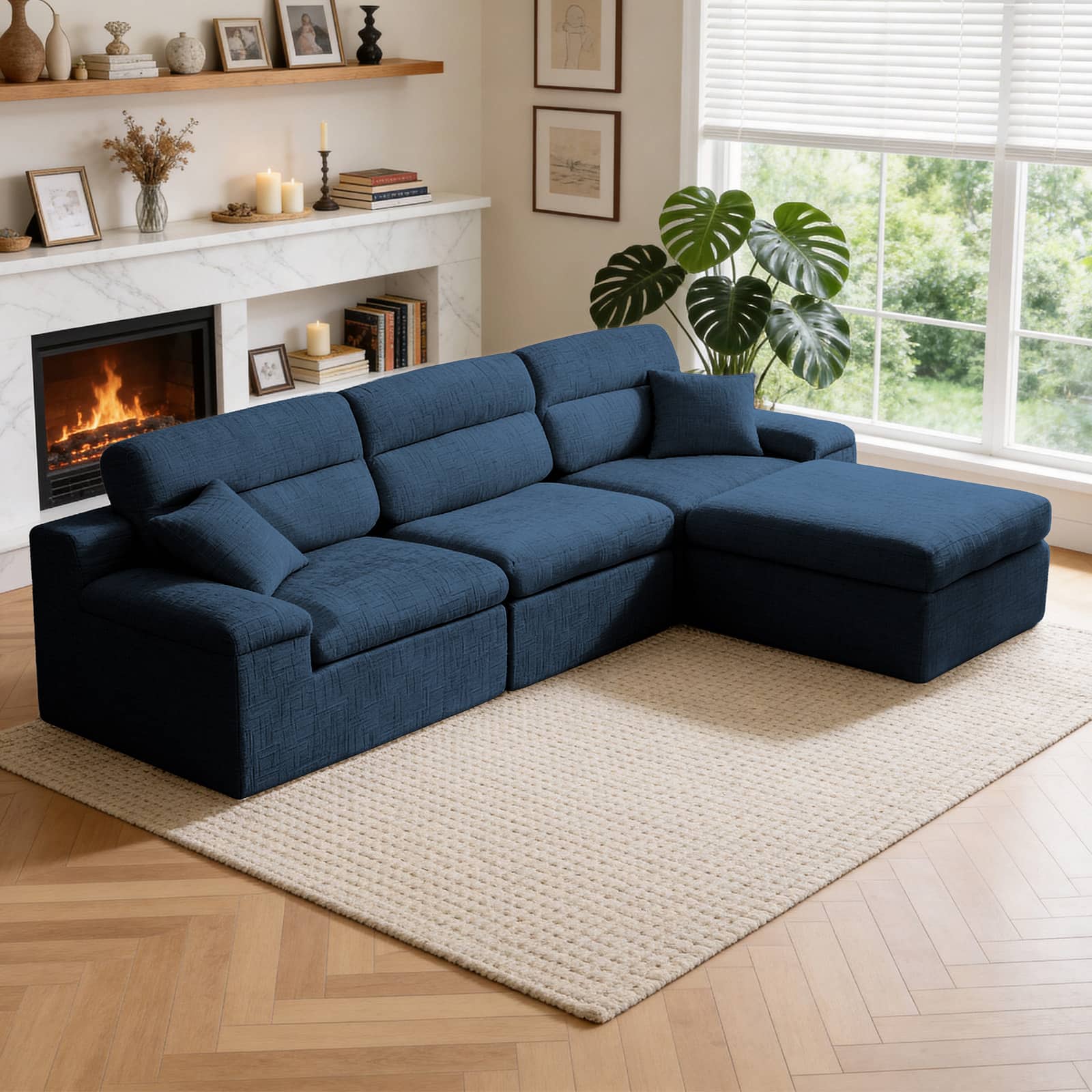 Anysun - L-Shape Chenille Corner Chaise Sofa with High Backrest - Compressed Sponge, No Assembly for Living Room & Apartment - Dark Blue