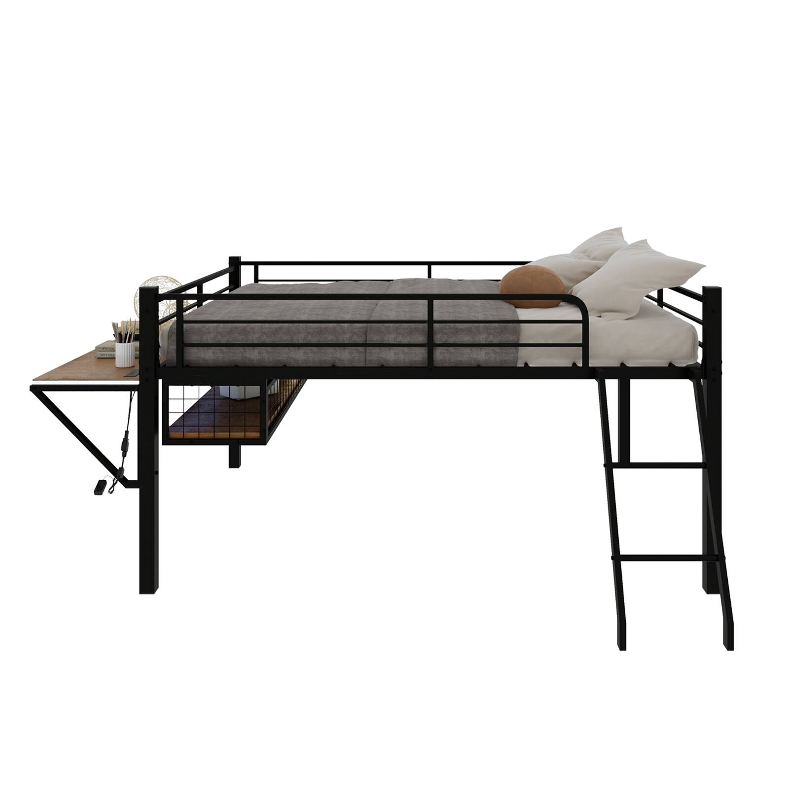 Alt View 7. Loheer - Loheer Full Size Metal Loft Bed with Built-in Desk and LED Lights Black Loft Bed Frame for Teens No Box Spring - Black.