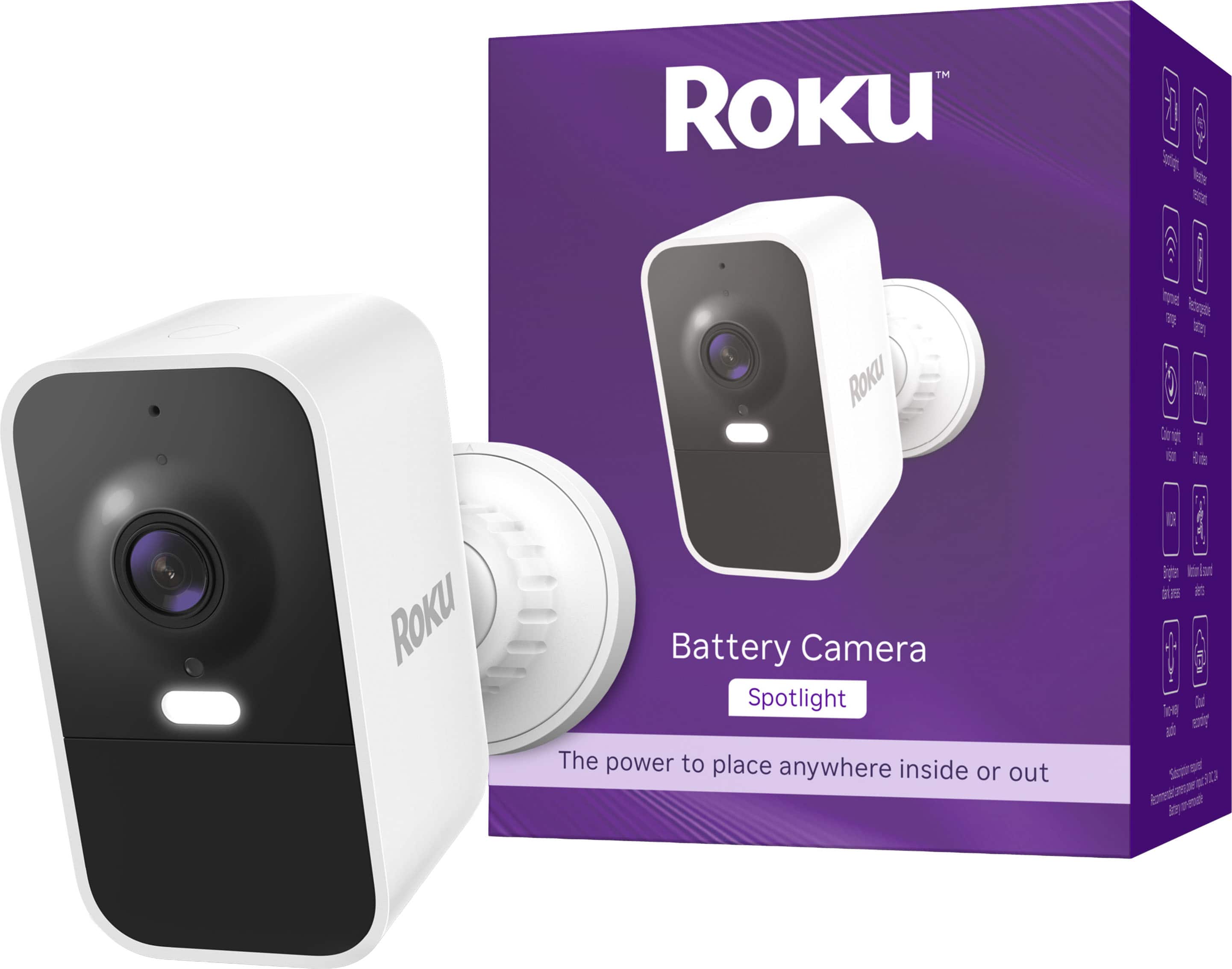 Roku - Battery Camera for Easy Home Monitoring – 1080p HD, Rechargeable, Weather-Resistant, Spotlight, Wi-Fi 6 - White